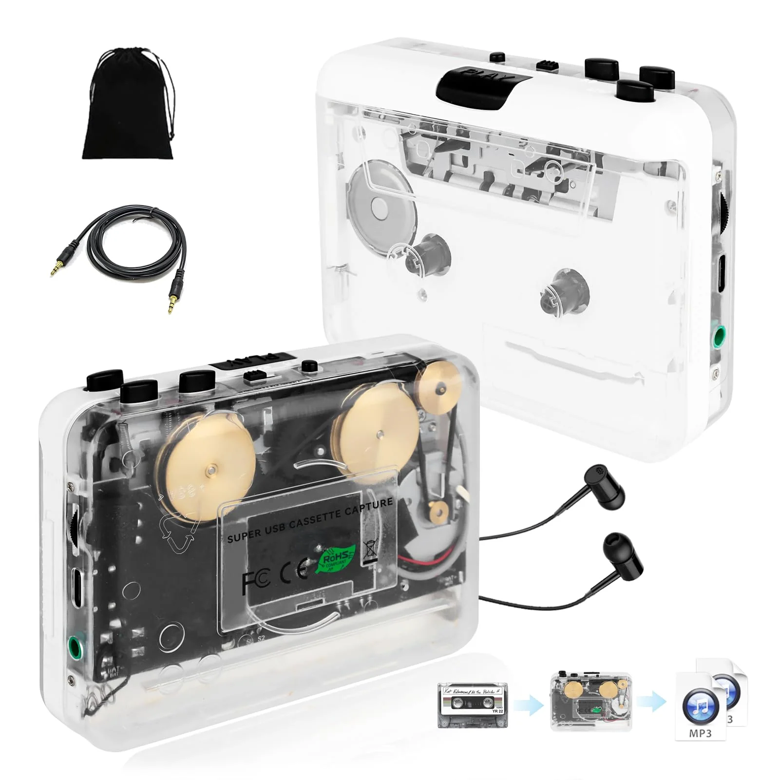Cassette Player-Cassette to MP3 Converter with Tape Converter Software- Auto Reverse &Clear Stereo Cassette Tape Player-Built-in Cool Copper Wheel Movement&Earphone