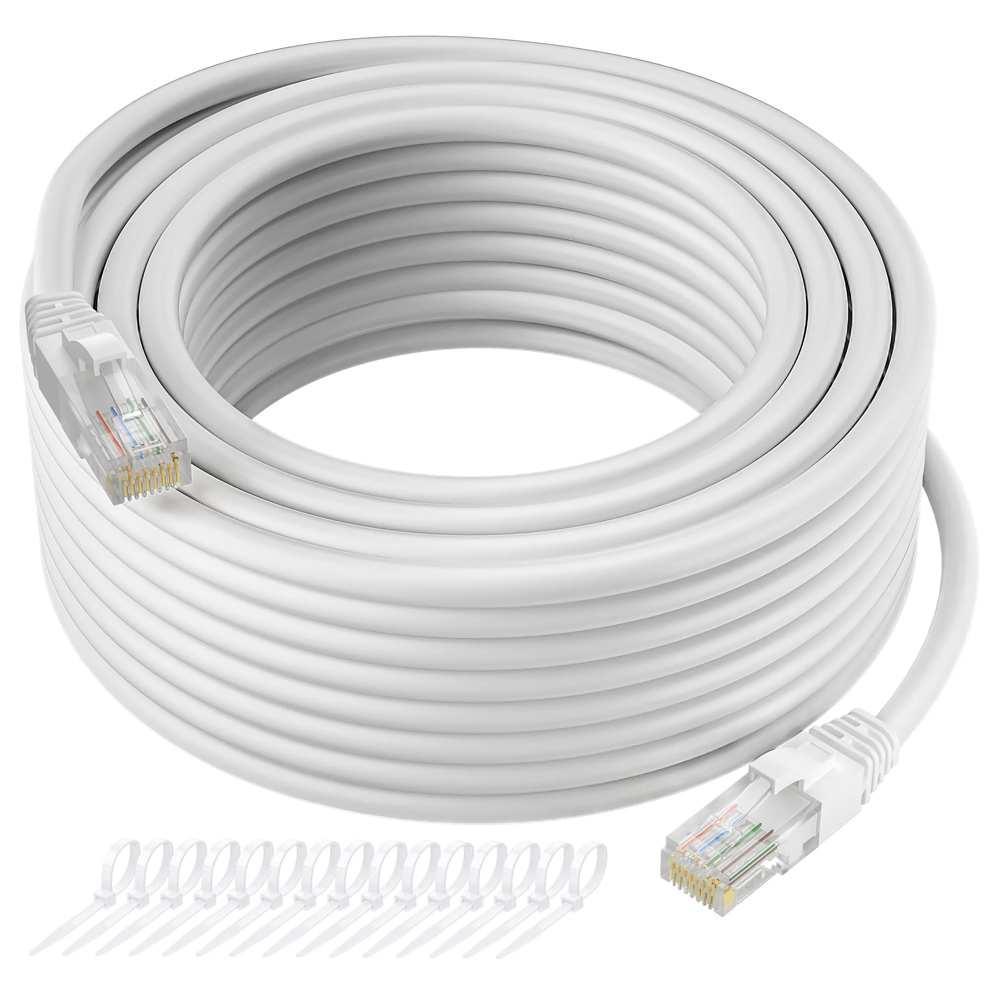 Cat5e Ethernet Cable 50 FT, Long Cat 5e Internet Cable, White Snagless Patch Cord, UV Resistant, Flexible, Network, LAN, PoE, Standard RJ45 Connector for PC, Server, Router, Modem, PS5 - with 15 Ties 50ft