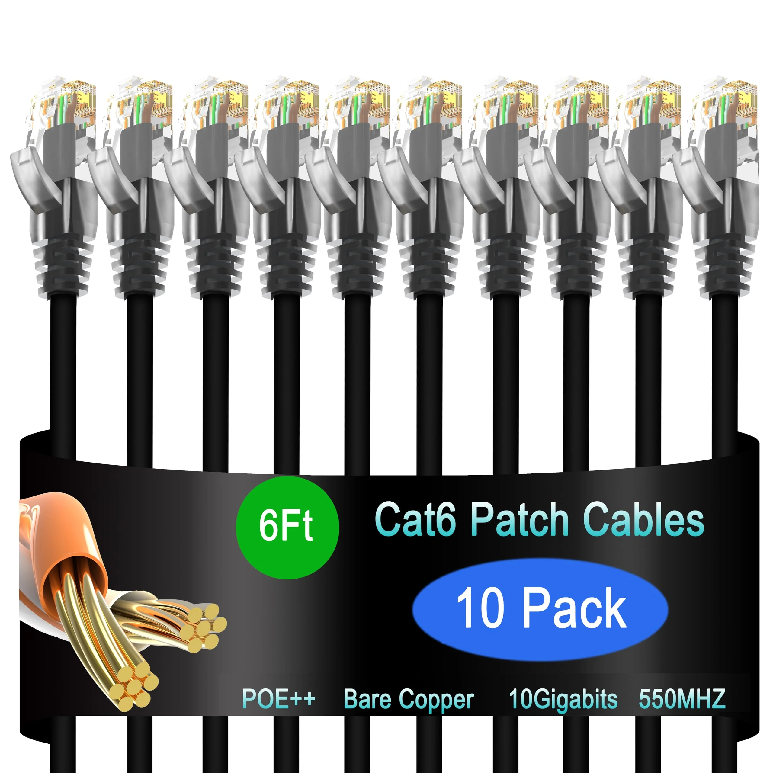 Cat6 Ethernet Patch Cable 6 ft (10 Pack), Cat6 Patch Cable for Data Centers, Cat 6 Patch Cable 10G, Network Patch Cables for Home and Enterprise Network -Black Black 6ft
