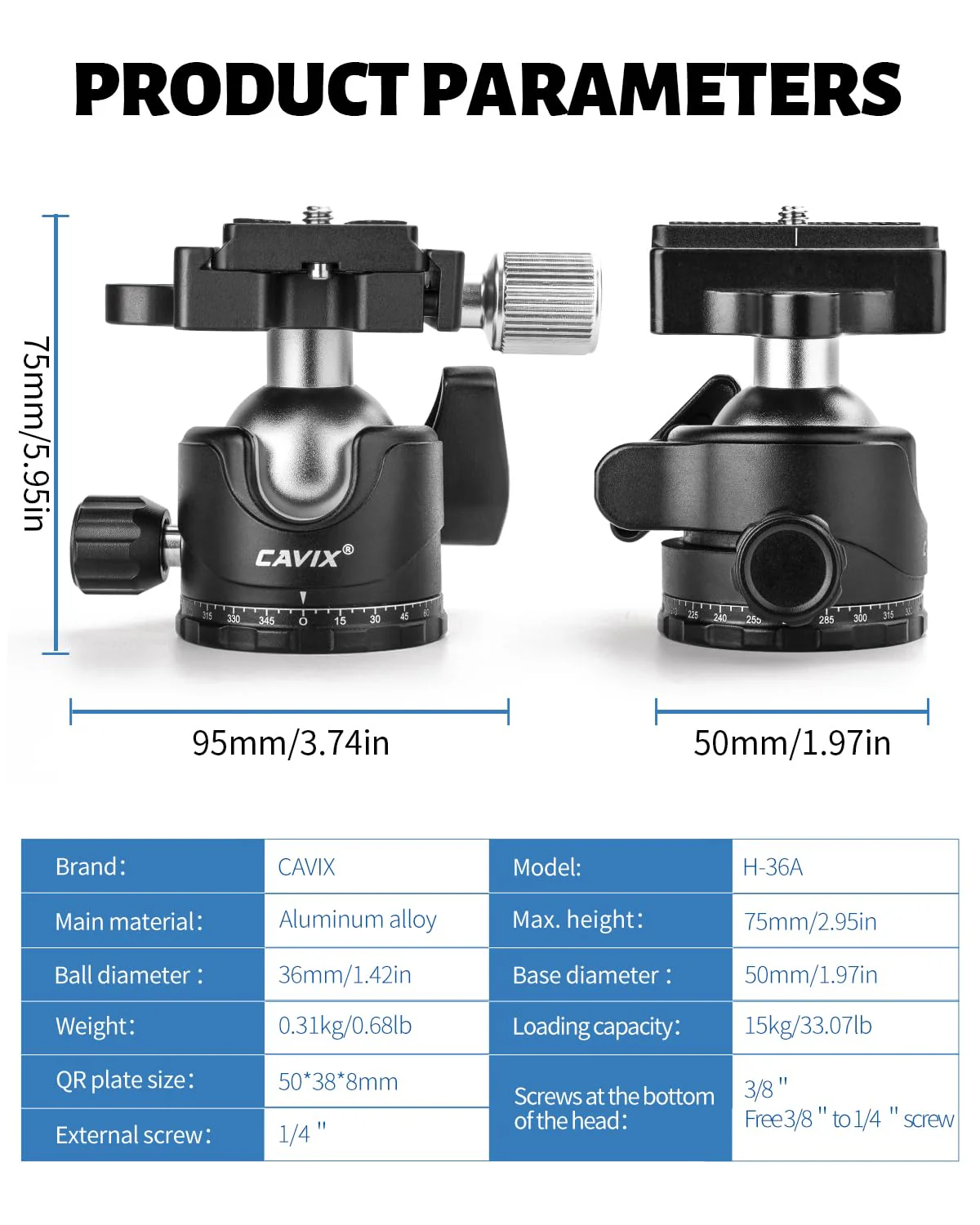 CAVIX Ball Head 360 Degree Rotating Panoramic Tripod Heads with Quick Release Plate Load Capacity 33lb/15kg HB36A - Image 3
