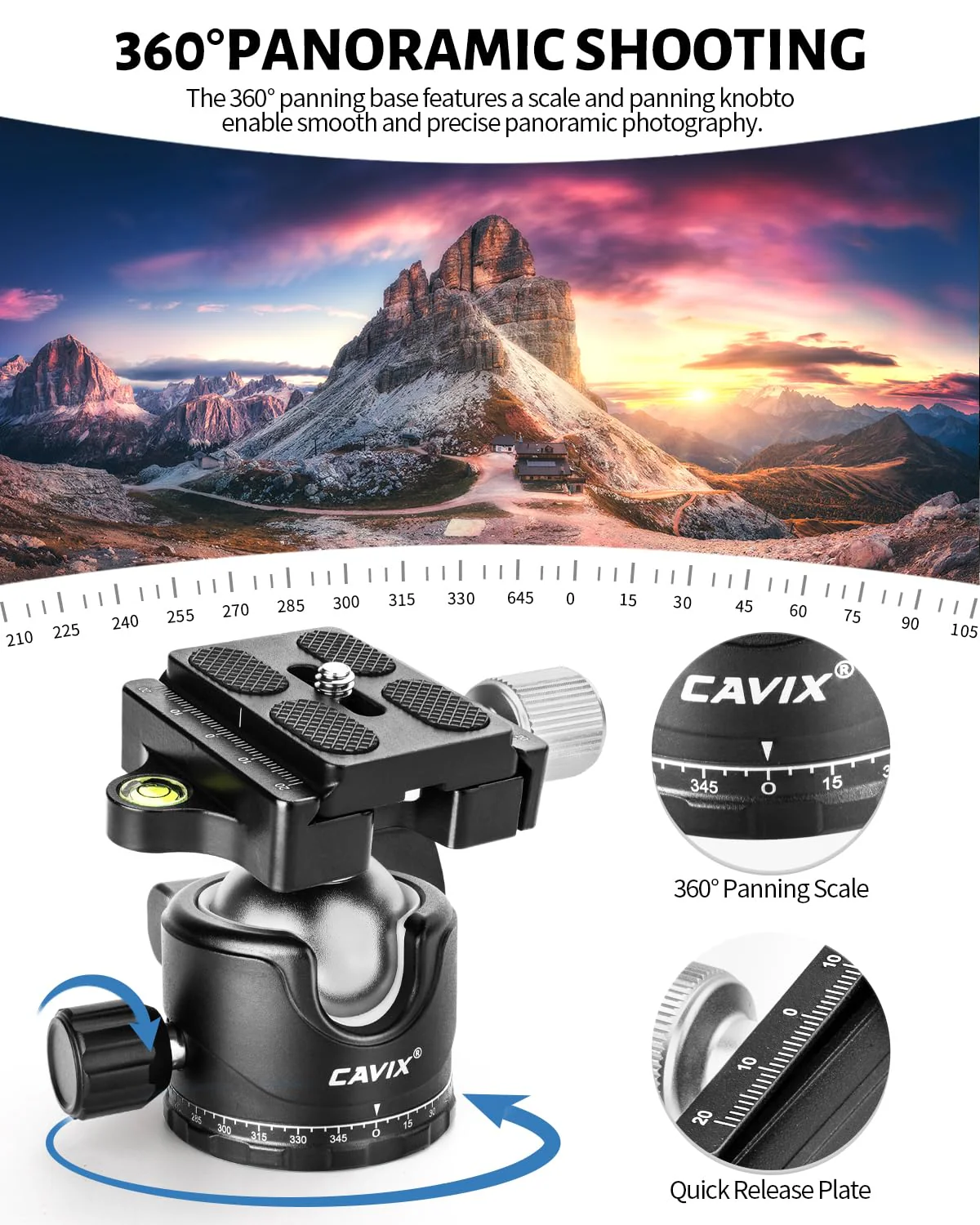 CAVIX Ball Head 360 Degree Rotating Panoramic Tripod Heads with Quick Release Plate Load Capacity 33lb/15kg HB36A - Image 6