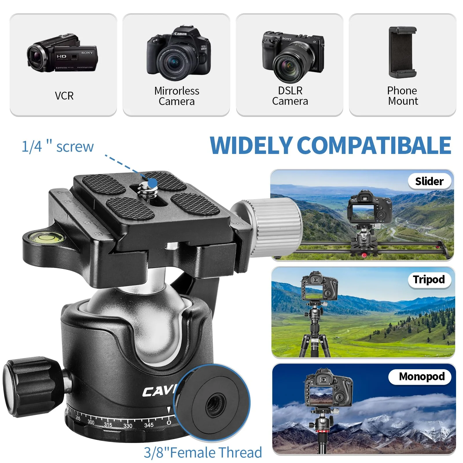 CAVIX Ball Head 360 Degree Rotating Panoramic Tripod Heads with Quick Release Plate Load Capacity 33lb/15kg HB36A - Image 7