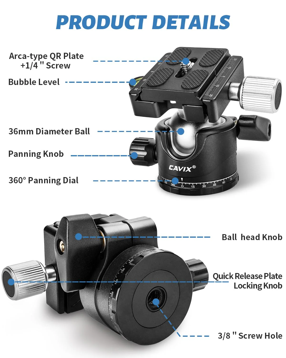 CAVIX Ball Head 360 Degree Rotating Panoramic Tripod Heads with Quick Release Plate Load Capacity 33lb/15kg HB36A - Image 8