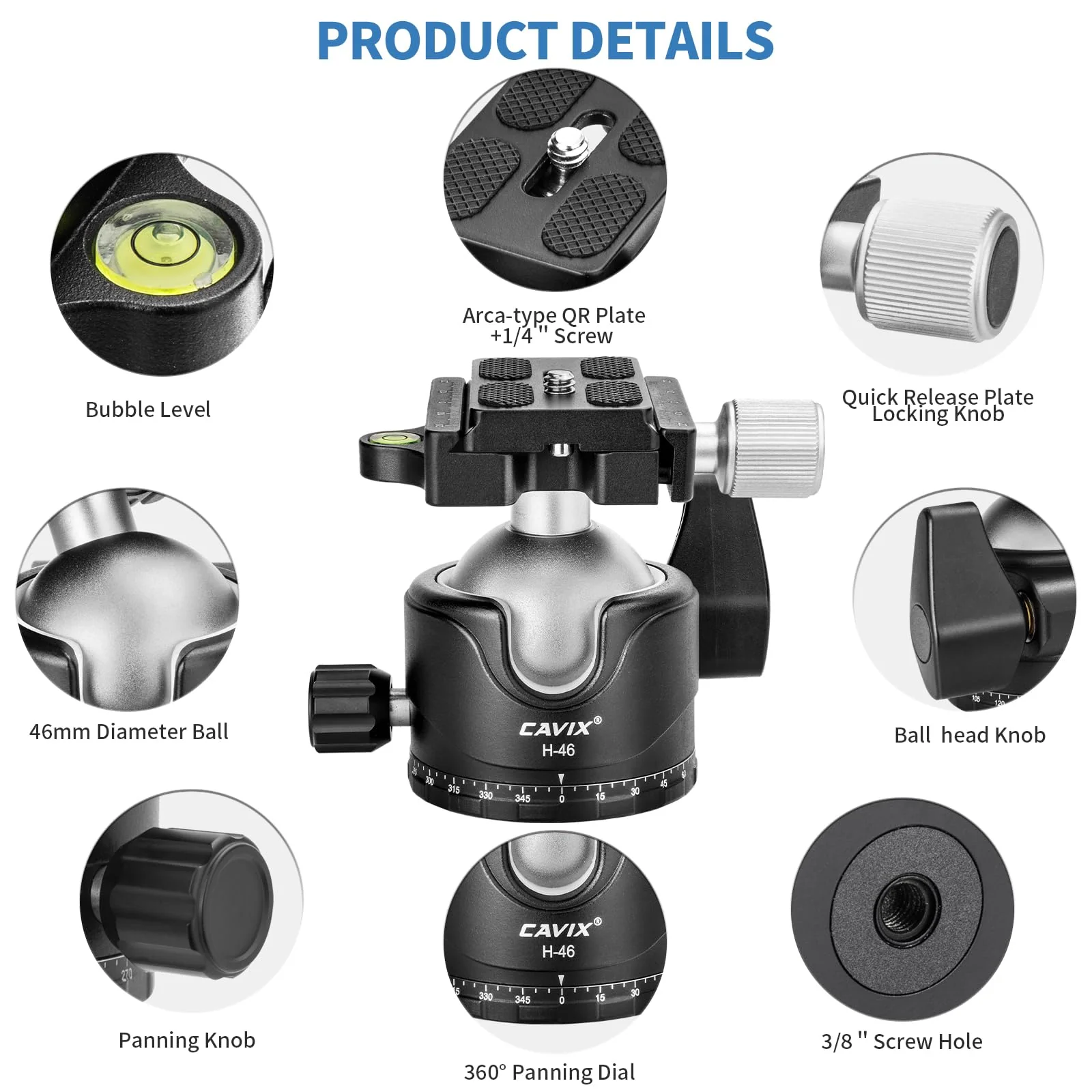 CAVIX Tripod Ball Head with 1/4" Arca Swiss Quick Release Plate Aluminium Tripod Ball Head Mount Large Ball HB46A - Image 2