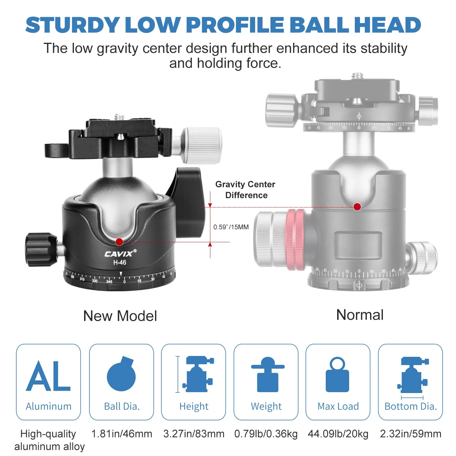 CAVIX Tripod Ball Head with 1/4" Arca Swiss Quick Release Plate Aluminium Tripod Ball Head Mount Large Ball HB46A - Image 5