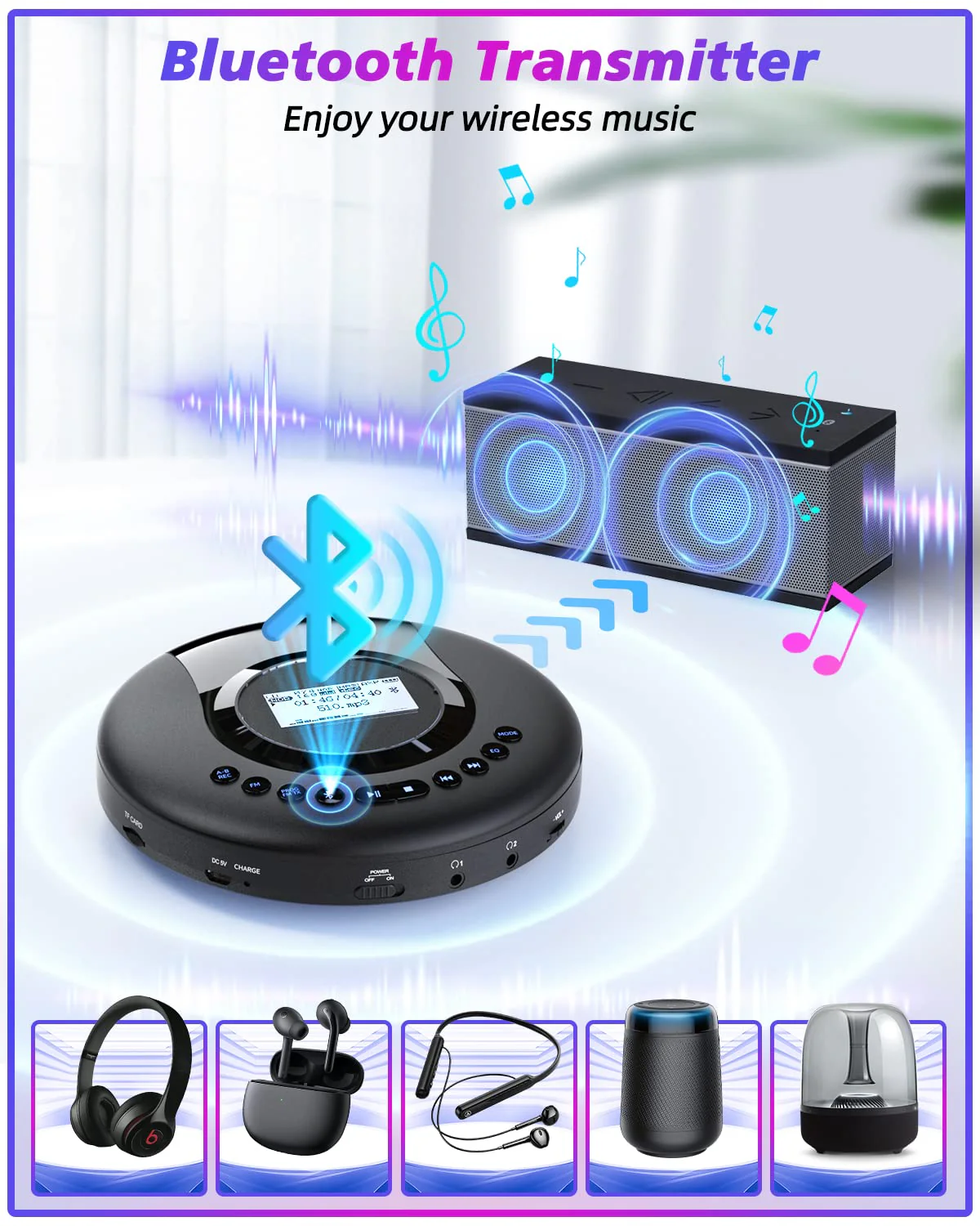 CD Player Portable ARAFUNA, Portable CD Player Bluetooth with FM Radio, 2000mAh Rechargeable CD Player for Car with LCD Screen, Anti Shock Protection Walkman CD Player with Headphone, AUX Cable Black - Image 2