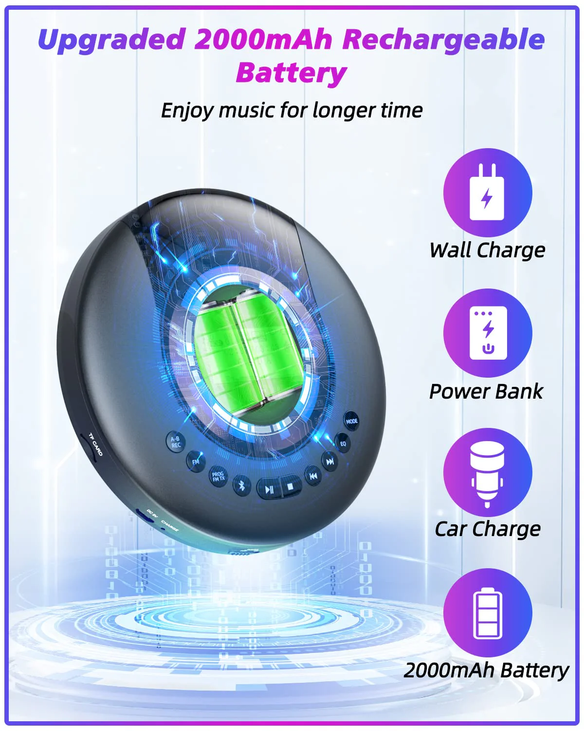 CD Player Portable ARAFUNA, Portable CD Player Bluetooth with FM Radio, 2000mAh Rechargeable CD Player for Car with LCD Screen, Anti Shock Protection Walkman CD Player with Headphone, AUX Cable Black - Image 4