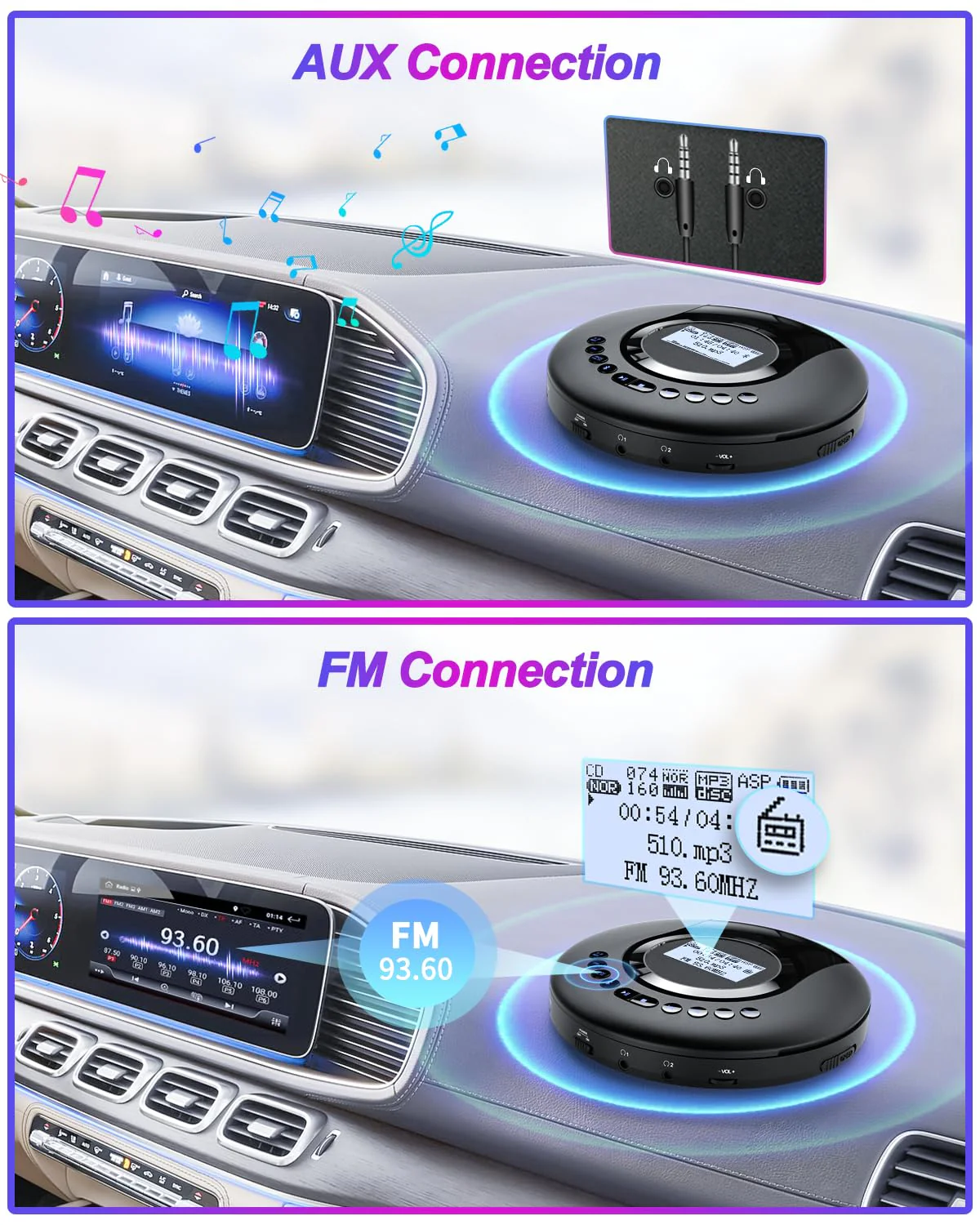 CD Player Portable ARAFUNA, Portable CD Player Bluetooth with FM Radio, 2000mAh Rechargeable CD Player for Car with LCD Screen, Anti Shock Protection Walkman CD Player with Headphone, AUX Cable Black - Image 5
