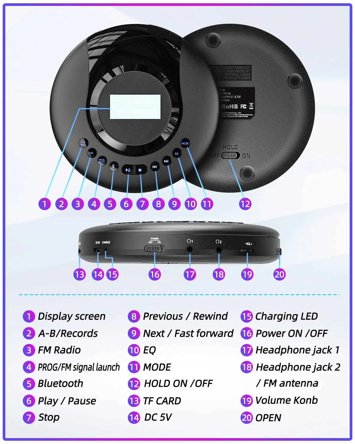 CD Player Portable ARAFUNA, Portable CD Player Bluetooth with FM Radio, 2000mAh Rechargeable CD Player for Car with LCD Screen, Anti Shock Protection Walkman CD Player with Headphone, AUX Cable Black - Image 8