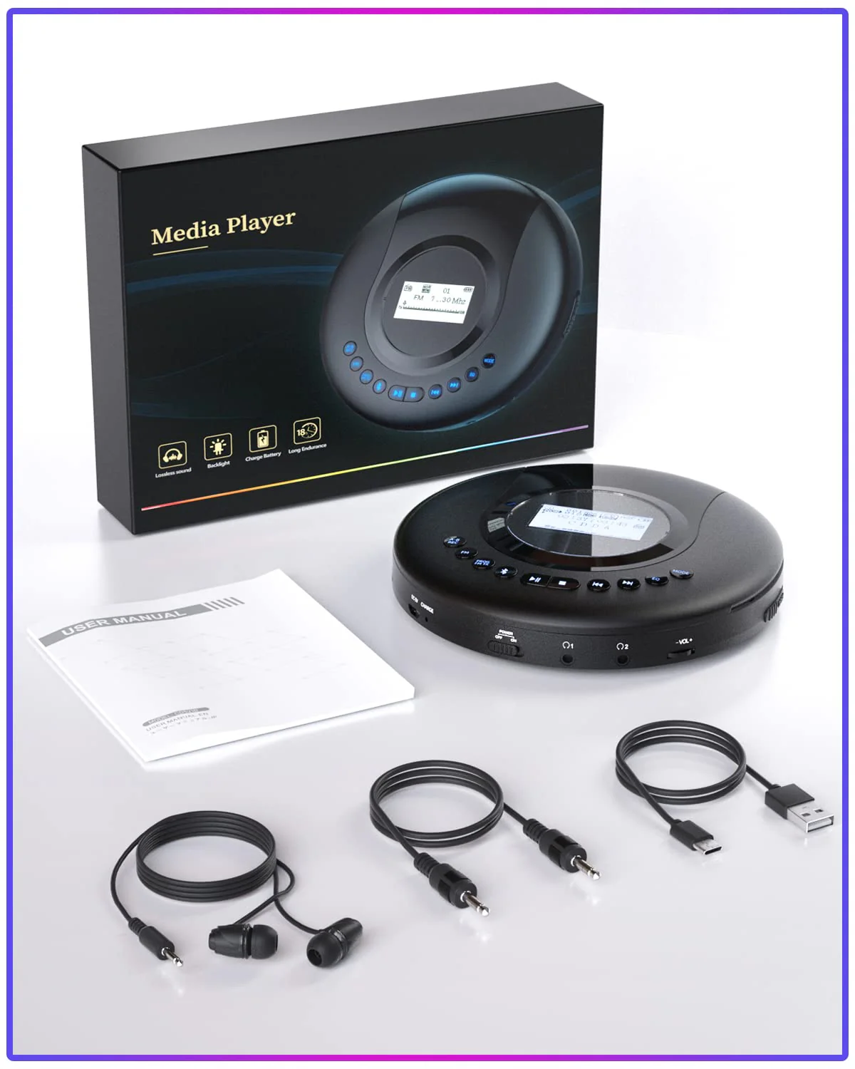 CD Player Portable ARAFUNA, Portable CD Player Bluetooth with FM Radio, 2000mAh Rechargeable CD Player for Car with LCD Screen, Anti Shock Protection Walkman CD Player with Headphone, AUX Cable Black - Image 9