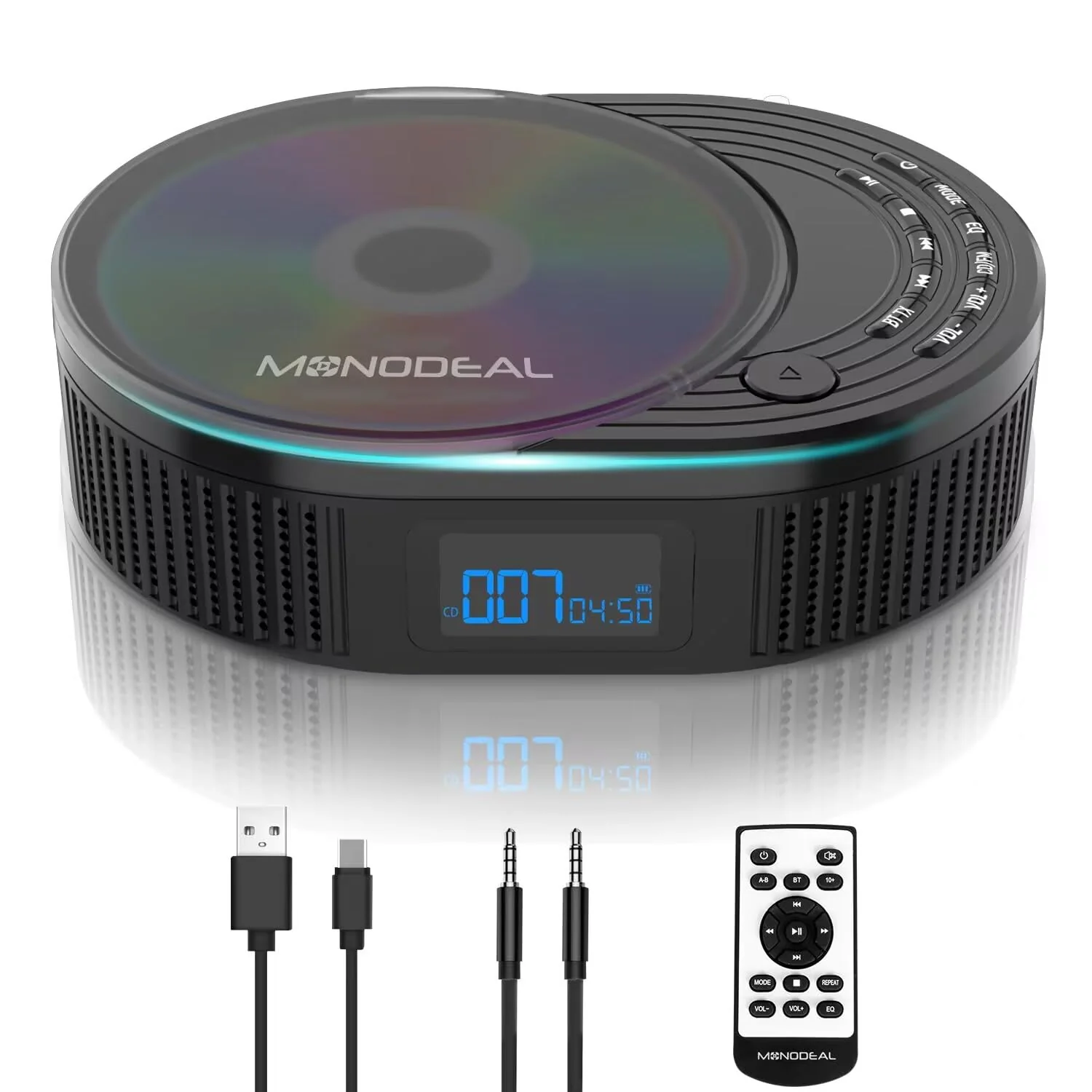CD Player Portable,MONODEAL Boombox CD Player with Bluetooth Transmitter,FM Radio & Bluetooth Speaker 2 in 1 Combo,Portable CD Player for Car/Home with Remote Control,Headphone Jack,Support AUX/USB Classic Black