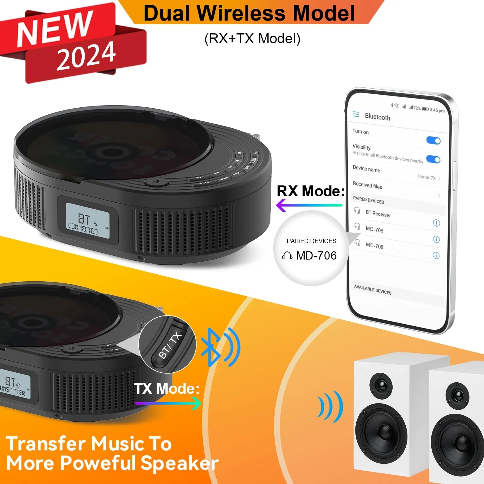 CD Player Portable,MONODEAL Boombox CD Player with Bluetooth Transmitter,FM Radio & Bluetooth Speaker 2 in 1 Combo,Portable CD Player for Car/Home with Remote Control,Headphone Jack,Support AUX/USB Classic Black - Image 2
