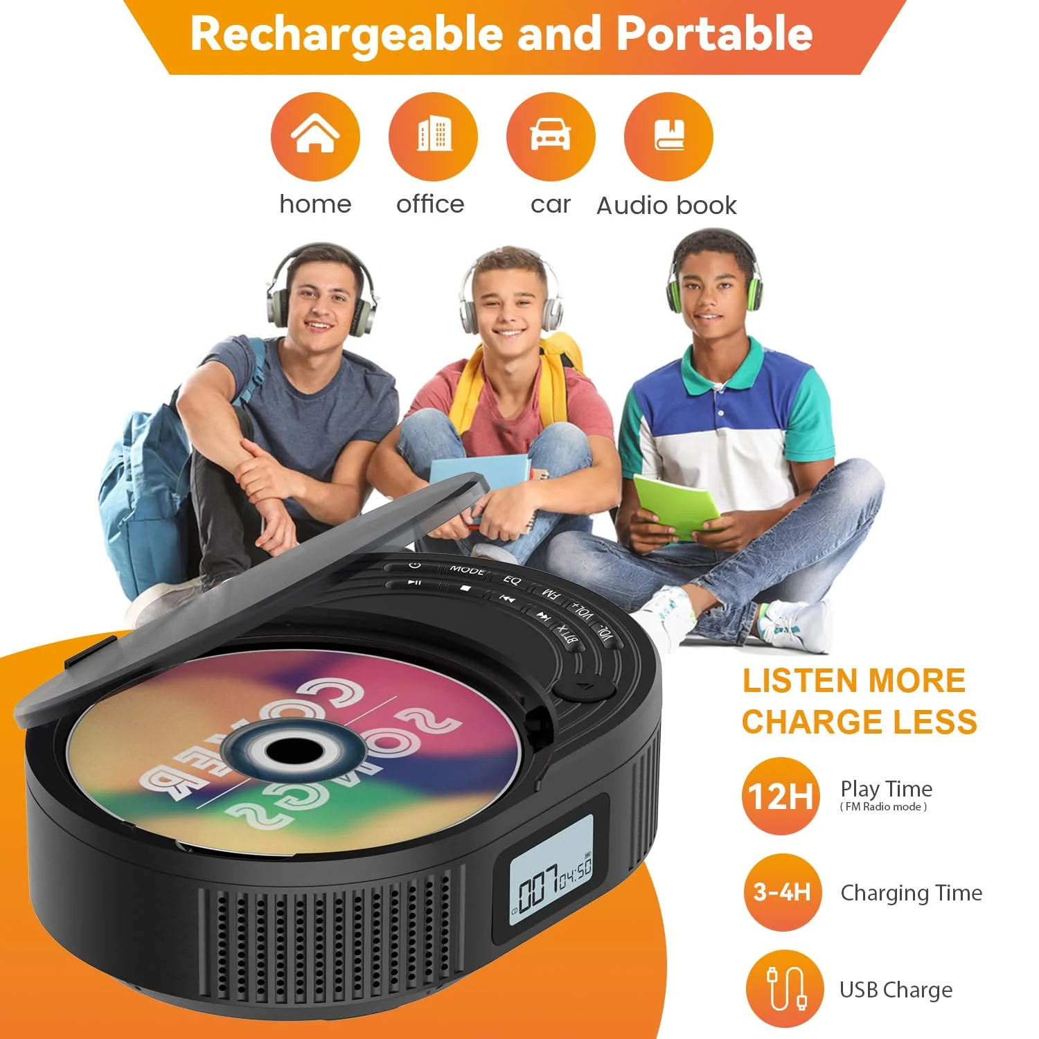 CD Player Portable,MONODEAL Boombox CD Player with Bluetooth Transmitter,FM Radio & Bluetooth Speaker 2 in 1 Combo,Portable CD Player for Car/Home with Remote Control,Headphone Jack,Support AUX/USB Classic Black - Image 6