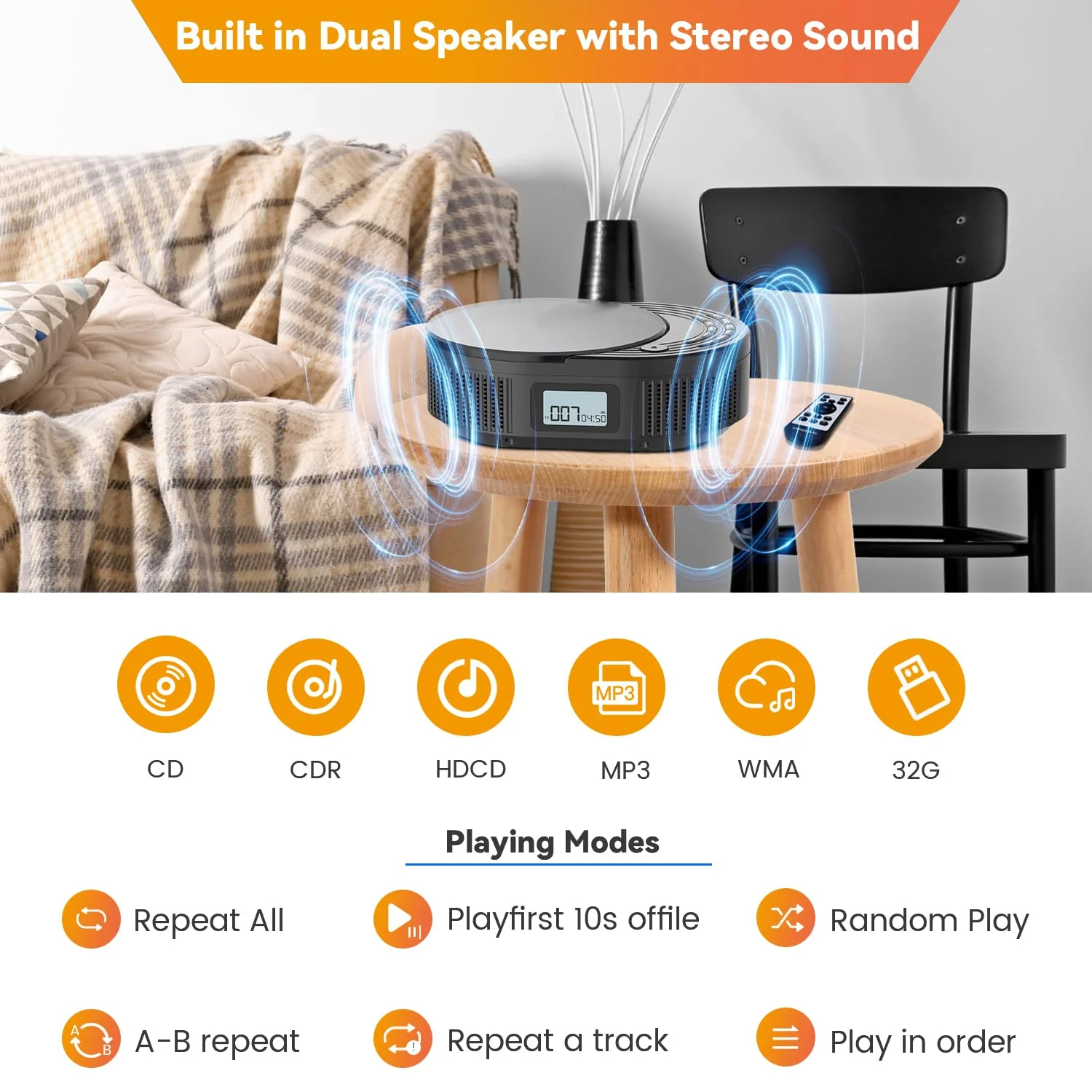 CD Player Portable,MONODEAL Boombox CD Player with Bluetooth Transmitter,FM Radio & Bluetooth Speaker 2 in 1 Combo,Portable CD Player for Car/Home with Remote Control,Headphone Jack,Support AUX/USB Classic Black - Image 8