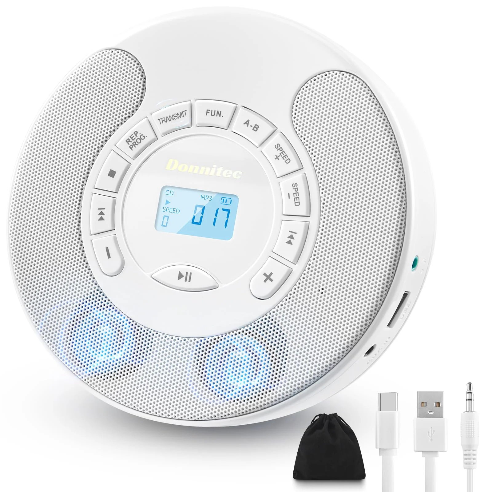 CD Player Portable, Rechargeable Dual Speakers Walkman, Bluetooth CD Player with Backlight LCD Display, support AUX/USB mode, Suitable for car,home,AUX Cable