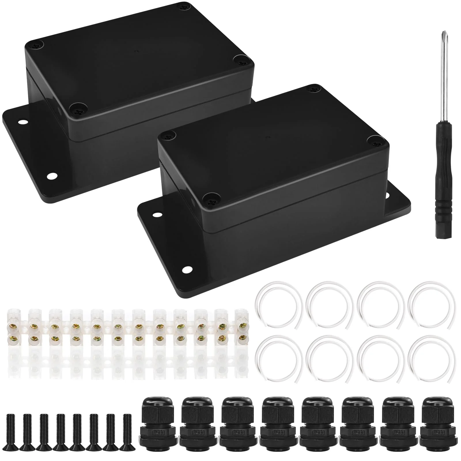 Celepoir Junction Box, Black, Waterproof IP65, Junction Box Waterproof with 8 Cable Glands, Small Junction Box with Fixed Ear, Wet Room Distribution Box for Electronics, 100 x 68 x 50 mm, Pack of 2