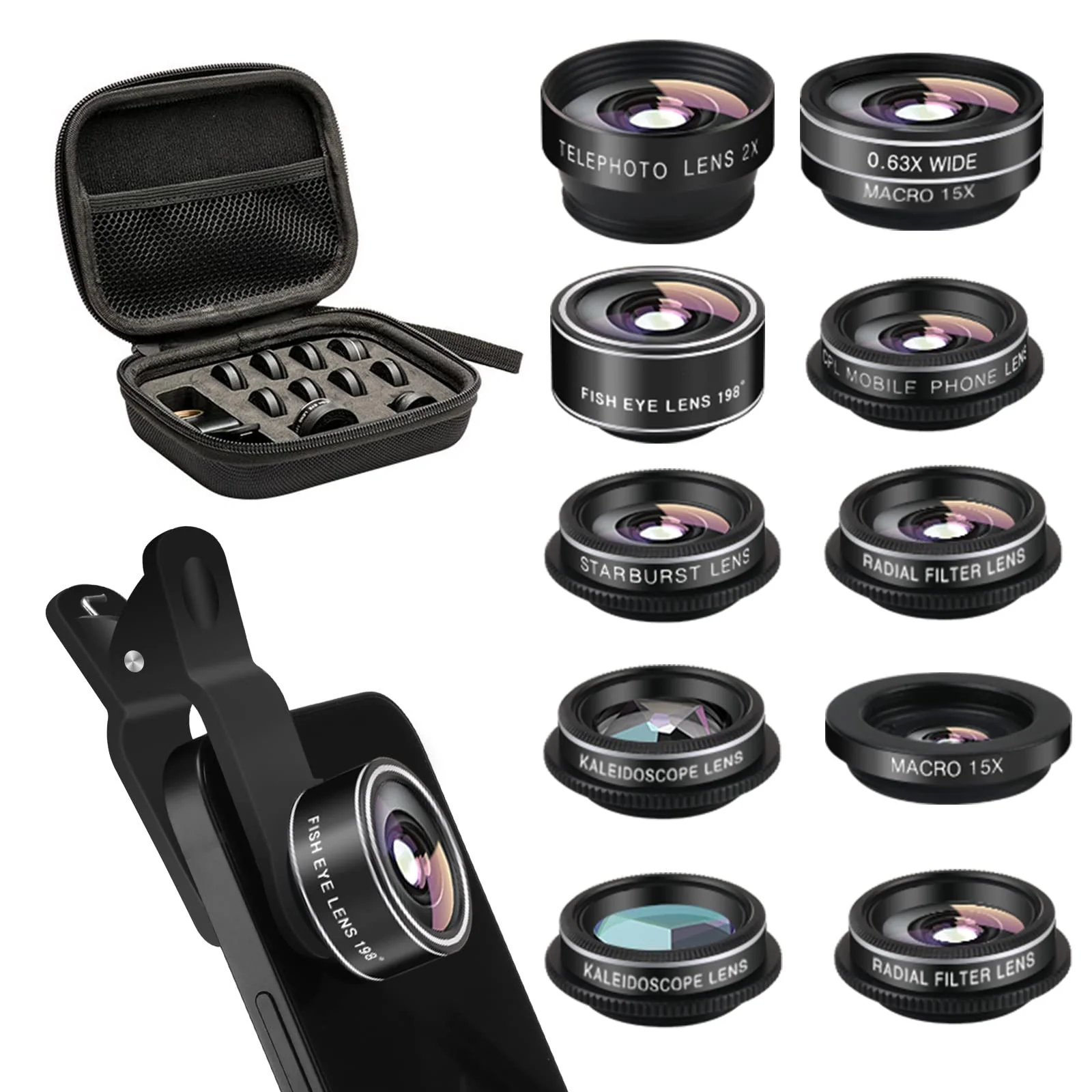Cell Phone Camera Lens Kit,11 in 1 Super Wide Angle+ Macro+ Fisheye Lens +Telephoto+ CPL+3/6 Kaleidoscope+Starburst/Radial/Soft/Flow Filter Lens Compatible for iPhone X/8/7/6s/6 Plus, Samsung,Android 11 in 1 phone lens