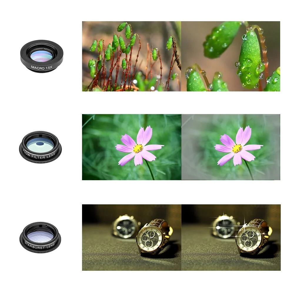 Cell Phone Camera Lens Kit,11 in 1 Super Wide Angle+ Macro+ Fisheye Lens +Telephoto+ CPL+3/6 Kaleidoscope+Starburst/Radial/Soft/Flow Filter Lens Compatible for iPhone X/8/7/6s/6 Plus, Samsung,Android 11 in 1 phone lens - Image 6