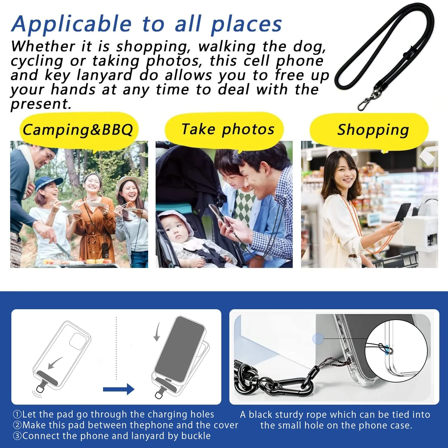 Cell Phone Lanyard, Universal Adjustable Detachable Nylon Crossbody Lanyard,Necklace Lanyard & Wrist Strap with Phone Patch for All Smartphones-7mm Thick (Black, 120cm) Black - Image 5