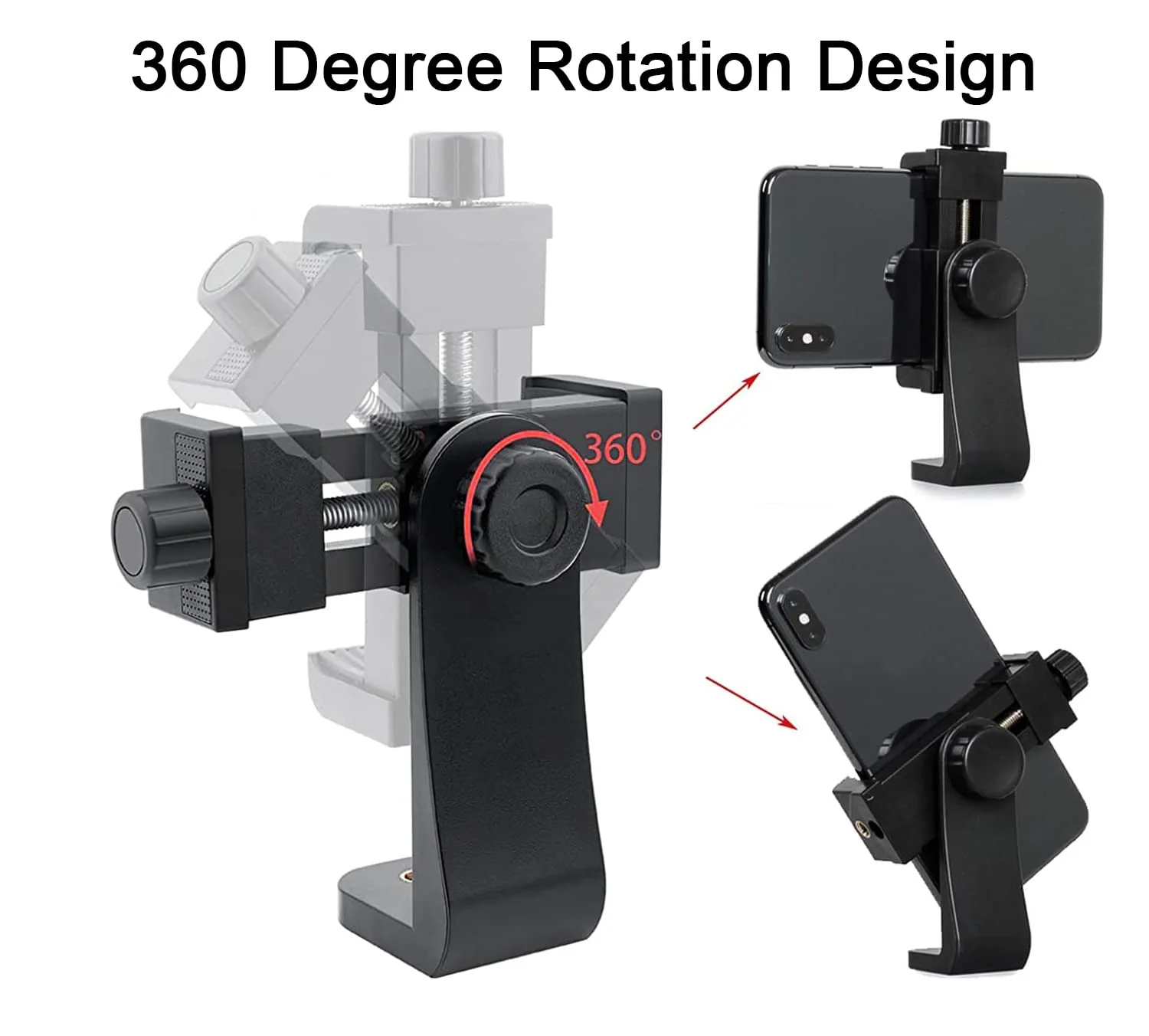 Cell Phone Tripod Mount Adapter (1 Pack), Universal Phone Holder Adjustable Clamp, 360 Degree Rotatable Bracket 1/4" Screw Clip for iPhone, Samsumg, Selfie Stick, Monopod Black-1 pack - Image 3