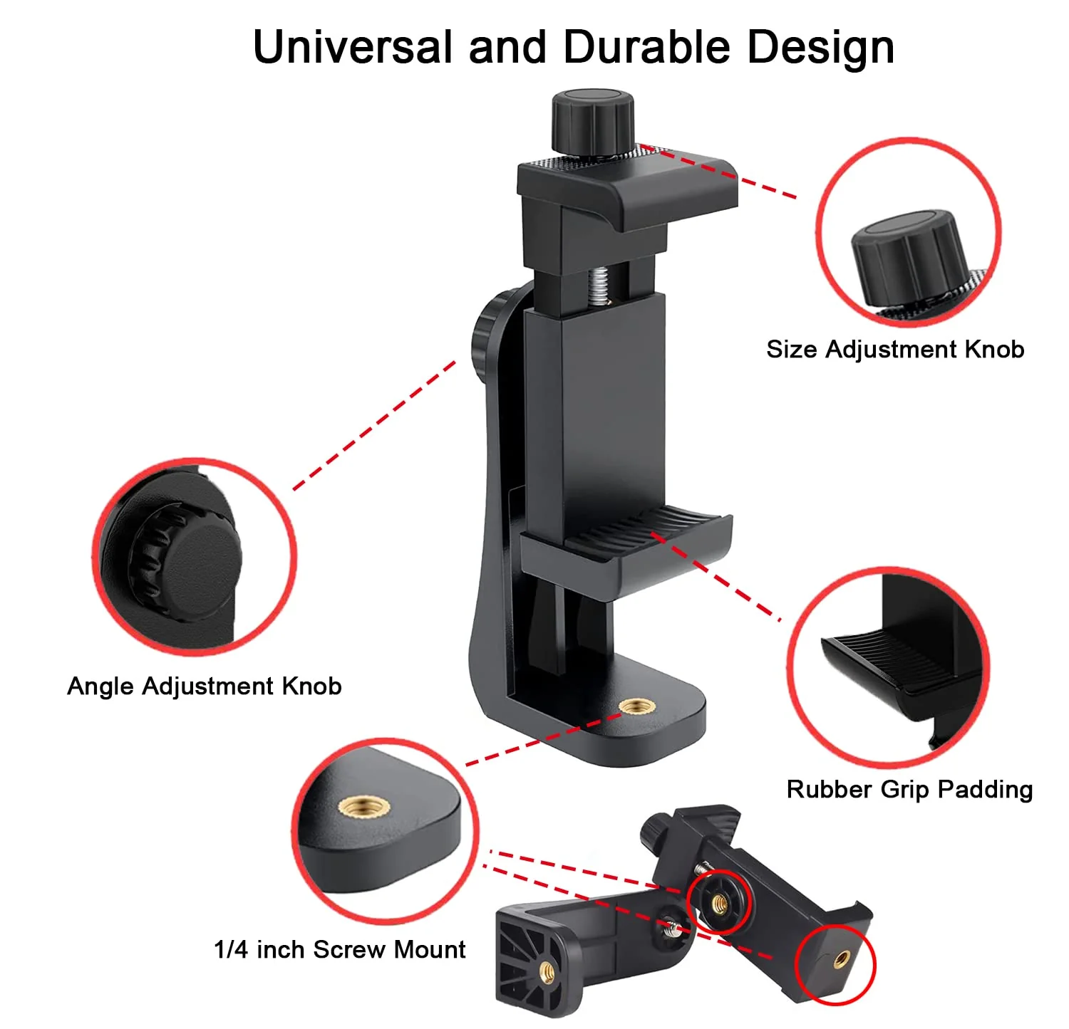 Cell Phone Tripod Mount Adapter (1 Pack), Universal Phone Holder Adjustable Clamp, 360 Degree Rotatable Bracket 1/4" Screw Clip for iPhone, Samsumg, Selfie Stick, Monopod Black-1 pack - Image 4