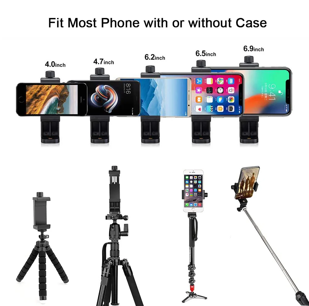 Cell Phone Tripod Mount Adapter (1 Pack), Universal Phone Holder Adjustable Clamp, 360 Degree Rotatable Bracket 1/4" Screw Clip for iPhone, Samsumg, Selfie Stick, Monopod Black-1 pack - Image 6