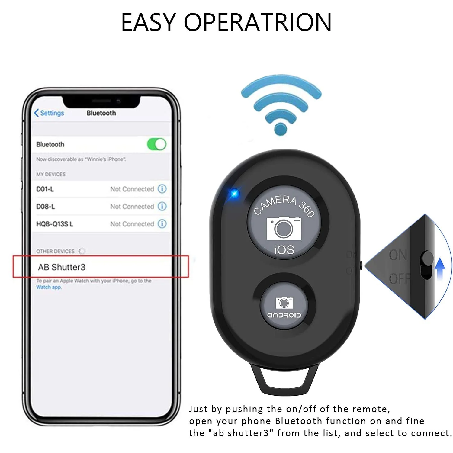 Cellphone Remote Shutter for Smartphones and Tablets, AOQIYUE Wireless Camera Remote Control Compatible with iPhone/Android Cellphone Wrist Strap Included (Black+Pink) Black+Pink - Image 2