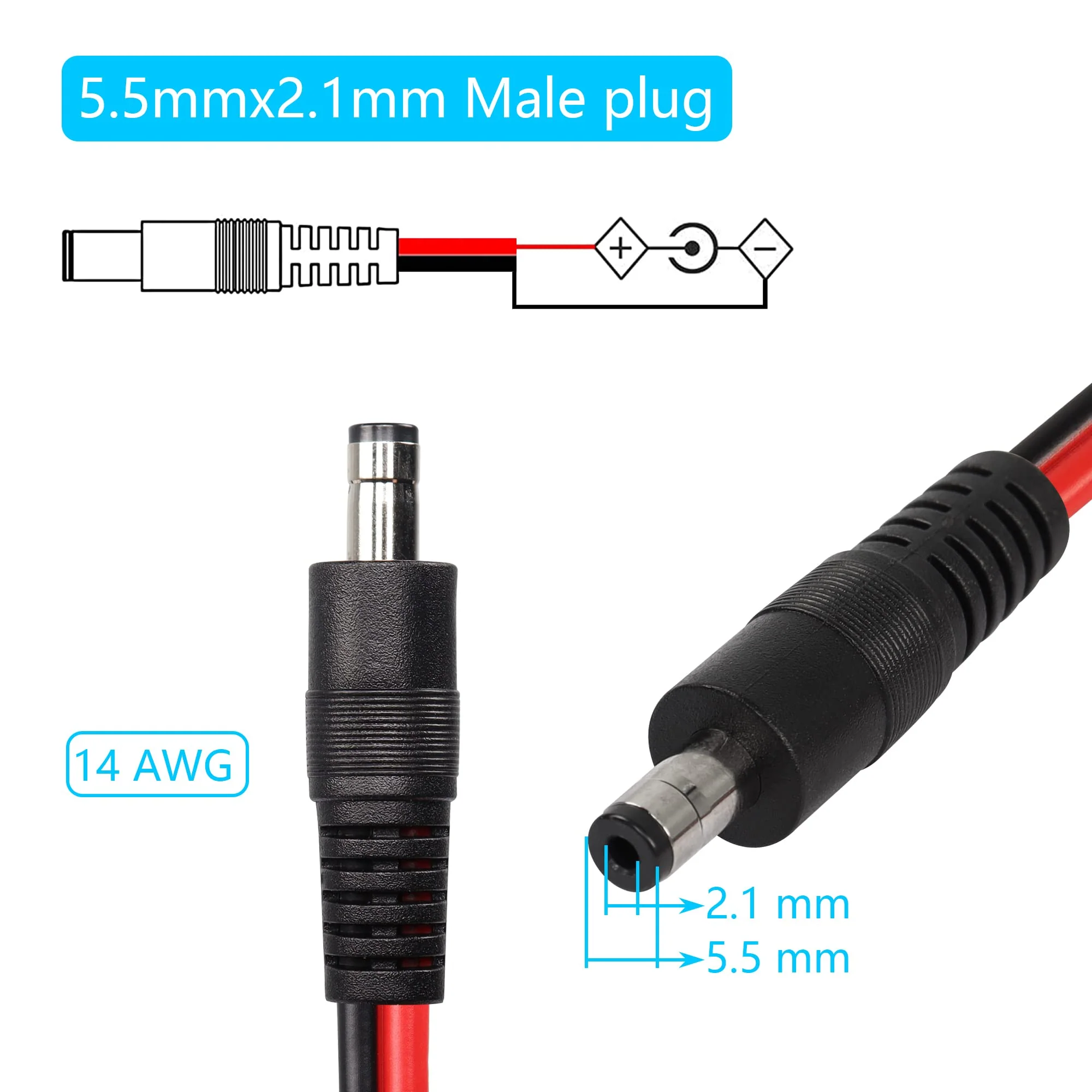 CERRXIAN DC5521 Power Pigtails Cable,1 FT 14AWG 5.5mm x 2.1 mm DC Male Bare Wire Open End Power Wire,DC Supply Repair Cable for CCTV Security Camera LED Strip Light Etc(2-pack) (0.3m Black) 0.3m black - Image 3