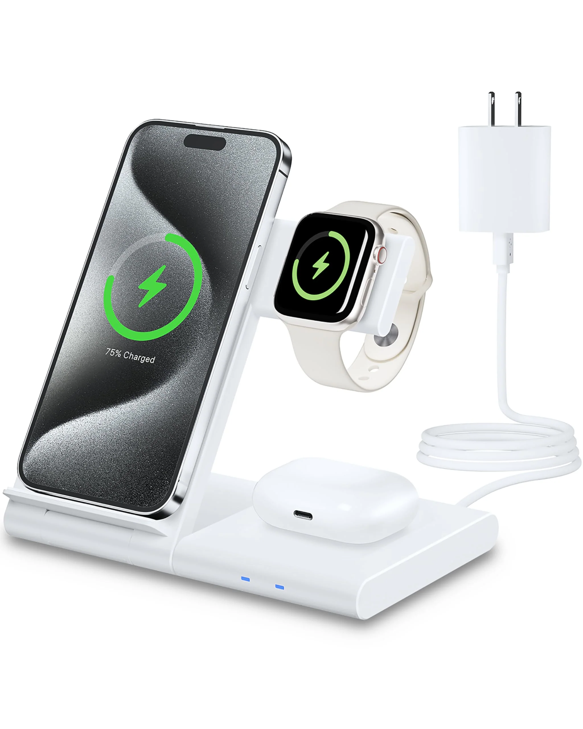Charging Station for Apple Multiple Devices, Foldable 3 in 1 Wireless Charger for iPhone 16 15 14 13 Pro Max Plus &Apple Watch 10 9 Ultra 8 7 6 5 4 3 2 SE/AirPods Pro 4 3 2 White