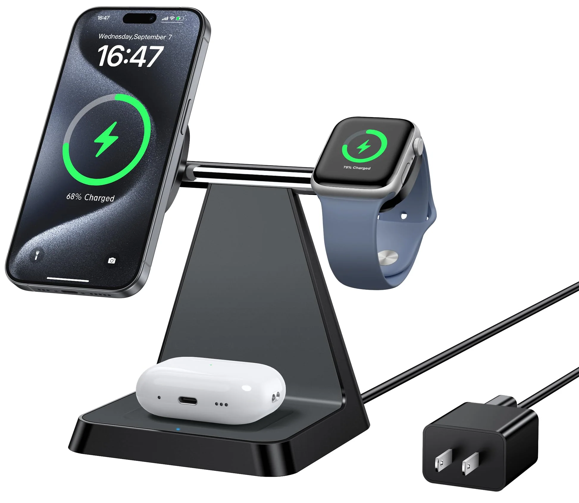 Charging Station for Multiple Devices Apple: Woruda 3 in 1 Magnetic Wireless Charger Stand for Mag Safe iPhone - Nightstand Charging Dock for iPhone 15 14 13 12 Pro Max Plus Apple Watch Airpods Black