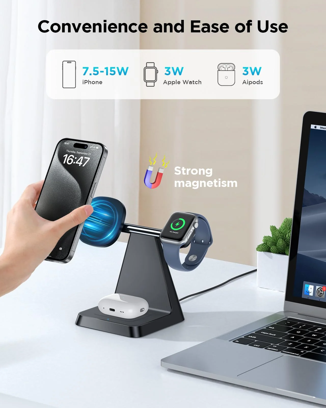 Charging Station for Multiple Devices Apple: Woruda 3 in 1 Magnetic Wireless Charger Stand for Mag Safe iPhone - Nightstand Charging Dock for iPhone 15 14 13 12 Pro Max Plus Apple Watch Airpods Black - Image 3
