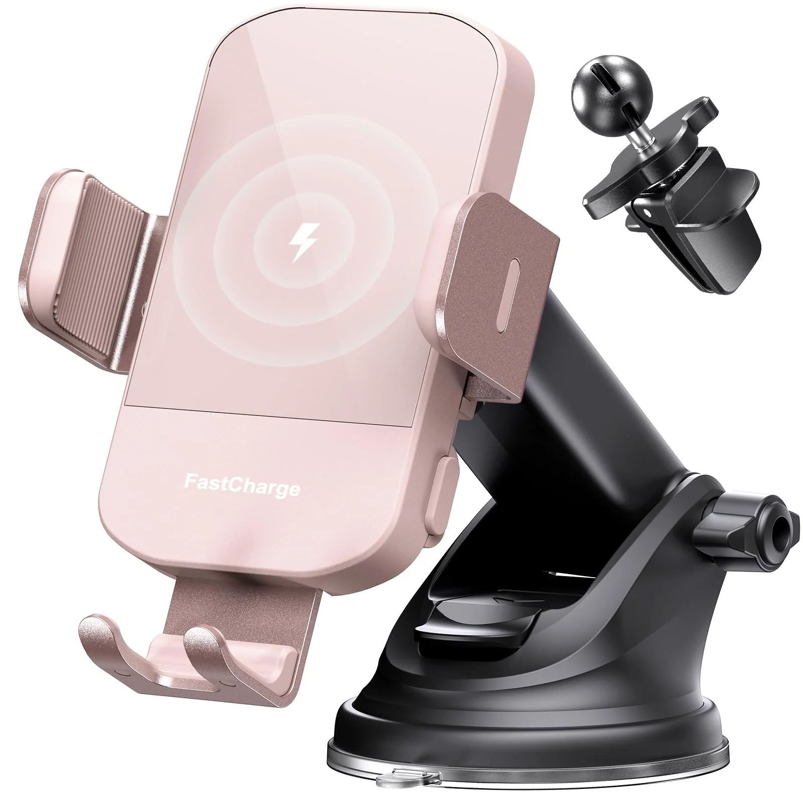CHGeek Wireless Car Charger, 15W Fast Charging Auto Clamping Car Charger Phone Mount Phone Holder fit for iPhone 16 15 14 13 12 Pro Max 11 XR XS, Samsung Galaxy S24 Ultra S23 S22 S21, S20, S10+, Pink