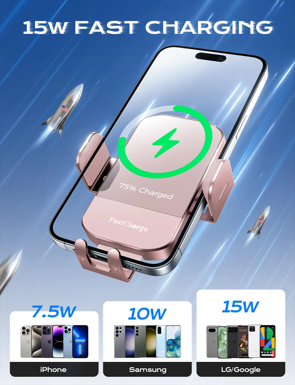 CHGeek Wireless Car Charger, 15W Fast Charging Auto Clamping Car Charger Phone Mount Phone Holder fit for iPhone 16 15 14 13 12 Pro Max 11 XR XS, Samsung Galaxy S24 Ultra S23 S22 S21, S20, S10+, Pink - Image 3