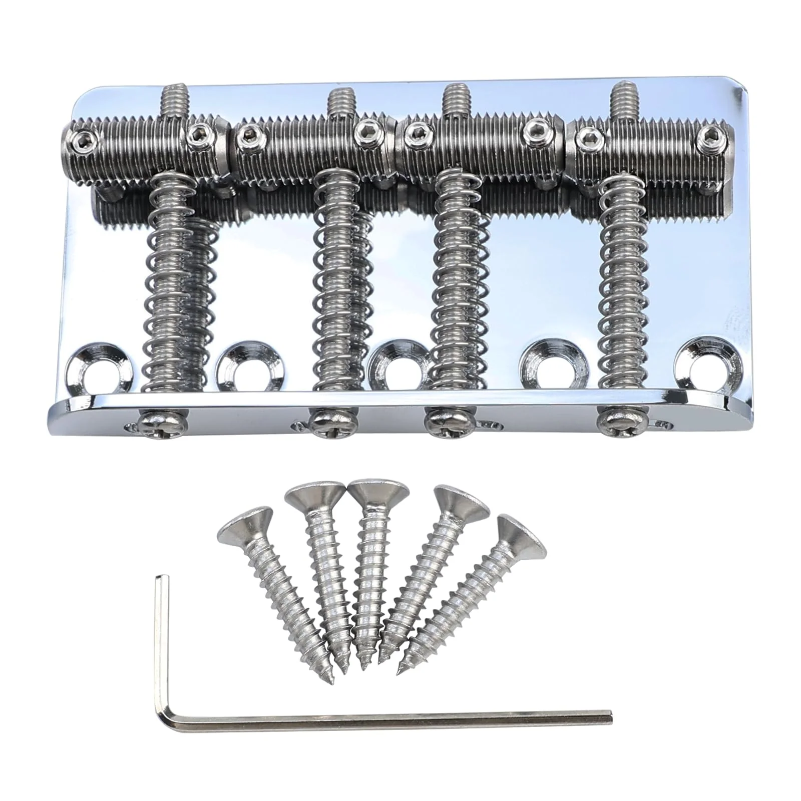 Chrome Electric Bass Guitar Bridge with Stainless Steel Threaded Saddles Plate 4 String Fixed Bridge Compatible with Vintage style Fender Jazz Precision Bass Bridge Replacement Parts 4 Piece Chrome