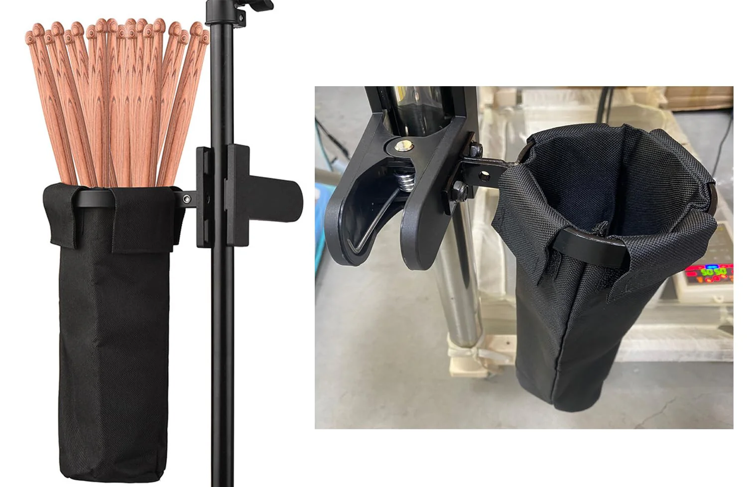 Clamp on Drum Stick Holder Drum Stick Nylon Container Bag Black for Drum Kit & Music Stand, Holds up to 8-12 Pairs of Sticks - Image 5