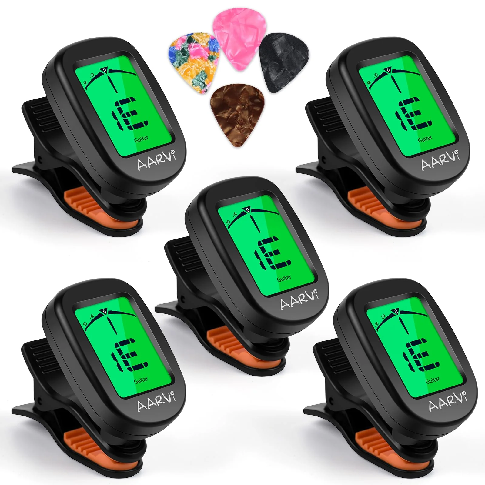 Clip On Guitar Tuner 5 Pack for All Instruments, Acoustic/Electric Guitar, Ukulele, Bass, Violin, Banjo, Large Clear LCD Display for Guitar Tuner, Chromatic Tuner, 20 Pack Guitar Picks Included A-tuner Black-5-Pack