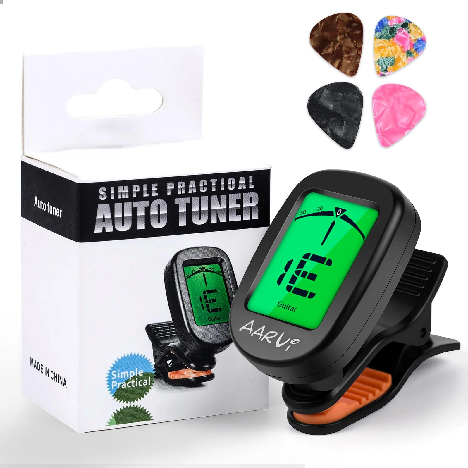 Clip On Guitar Tuner for All Instruments, Acoustic/Electric Guitar, Ukulele, Bass, Violin, Banjo, Large Clear LCD Display for Guitar Tuning, Chromatic Tuner, 4 Pack Guitar Picks Included Black-1-Pack