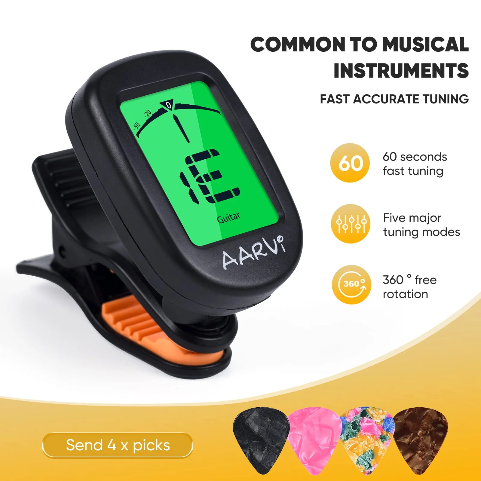 Clip On Guitar Tuner for All Instruments, Acoustic/Electric Guitar, Ukulele, Bass, Violin, Banjo, Large Clear LCD Display for Guitar Tuning, Chromatic Tuner, 4 Pack Guitar Picks Included Black-1-Pack - Image 2