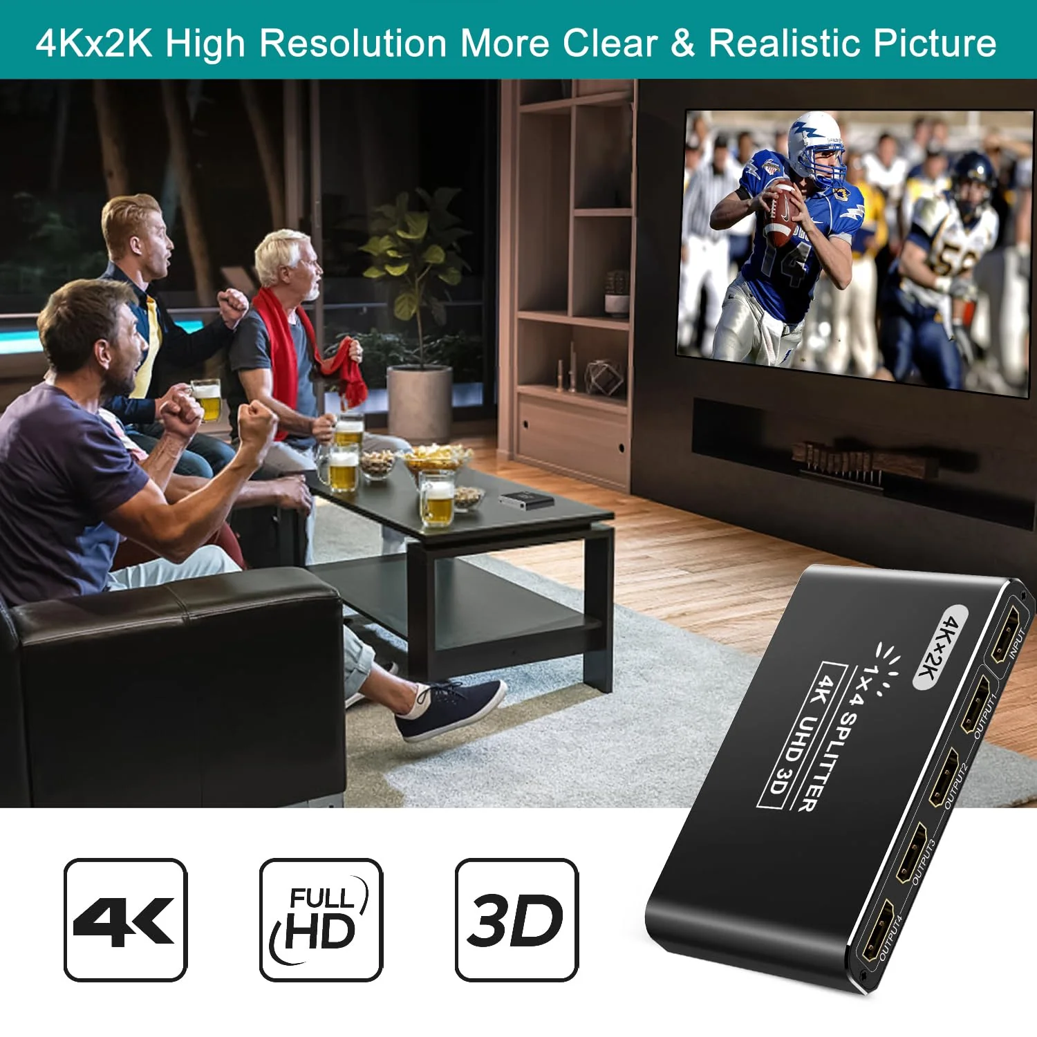 CLOSS HDMI Splitter 1 in 4 Out, 4K HDMI Splitters for Dual Monitors Supports 3D Full HD 1080P Aluminum HDMI Spliter HDMI Adapter for TV Compatible for PS4 Fire Stick HDTV(1 Source to 4 Displays) Black - Image 2