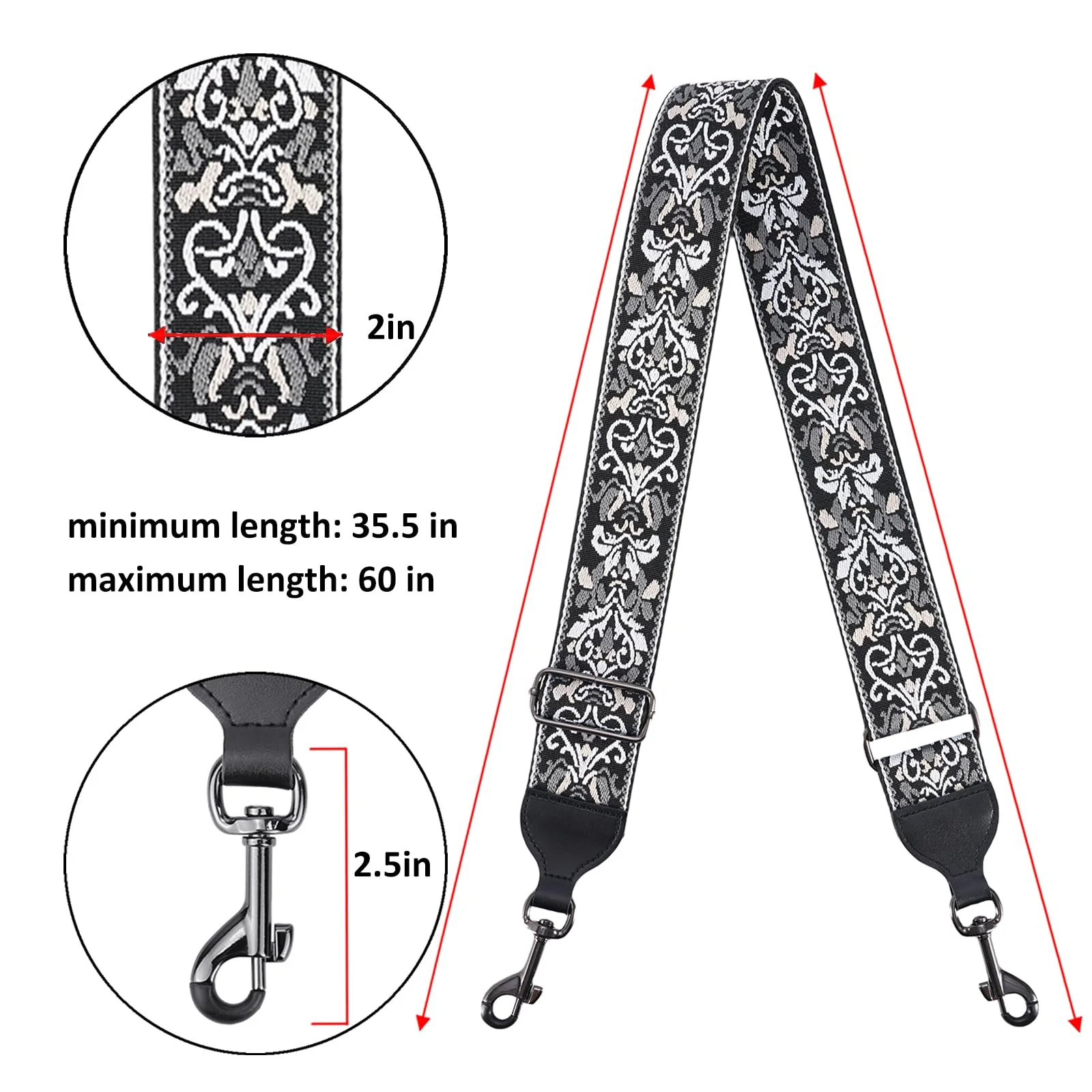 CLOUDMUSIC Banjo Strap Purse Strap Crossbody Guitar Strap For Shoulder Handbag With Gunmetal Hardware(Baroque Grey) Baroque Grey - Image 3
