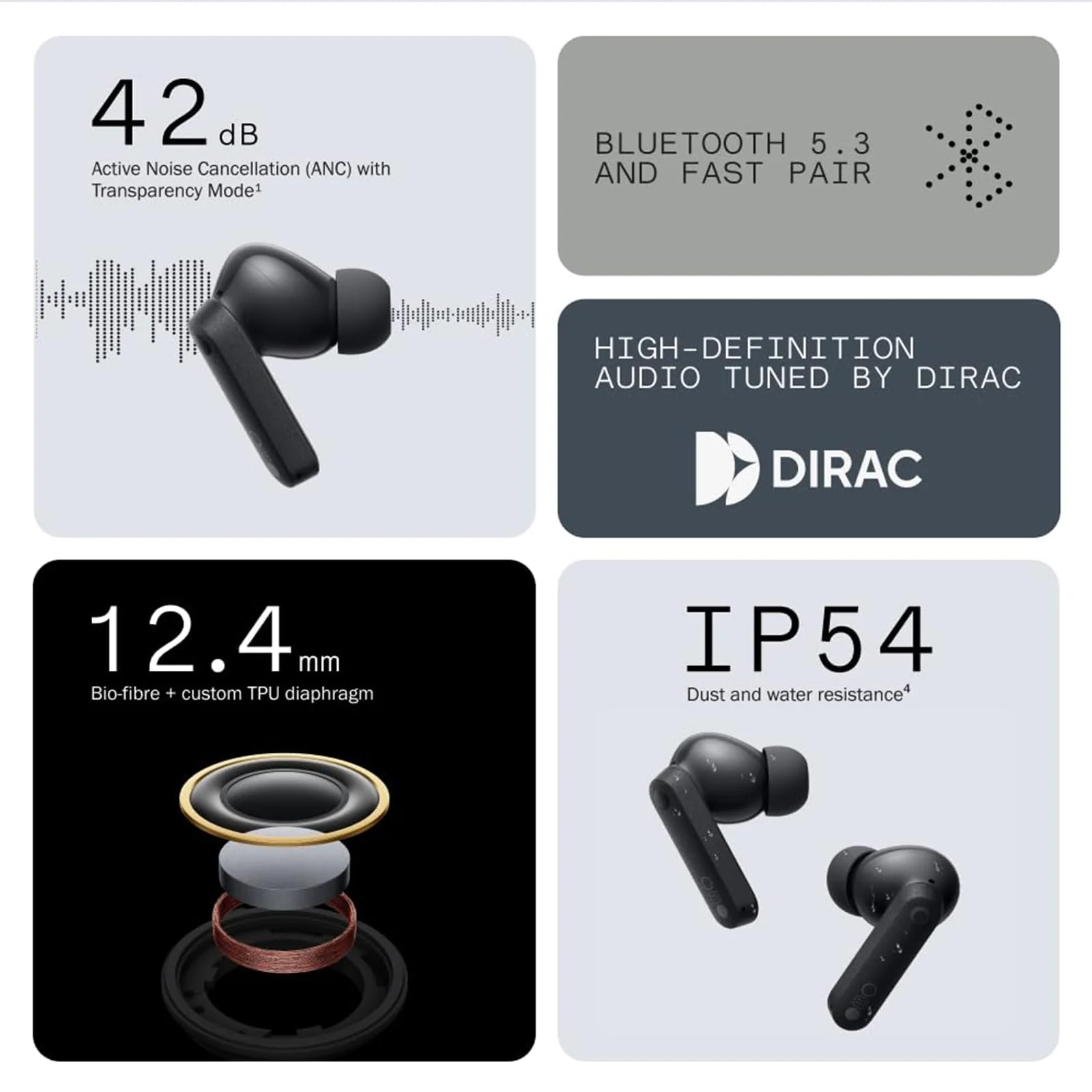 CMF Buds Wireless bluetooth Earbuds, 42dB noise cancelling earbuds, Dirac HD Audio, 35.5H Playtime, BT5.3, IP54 Waterproof, 4HD Mics wireless headphones for iPhone & Android (Dark Grey) Dark Grey - Image 2