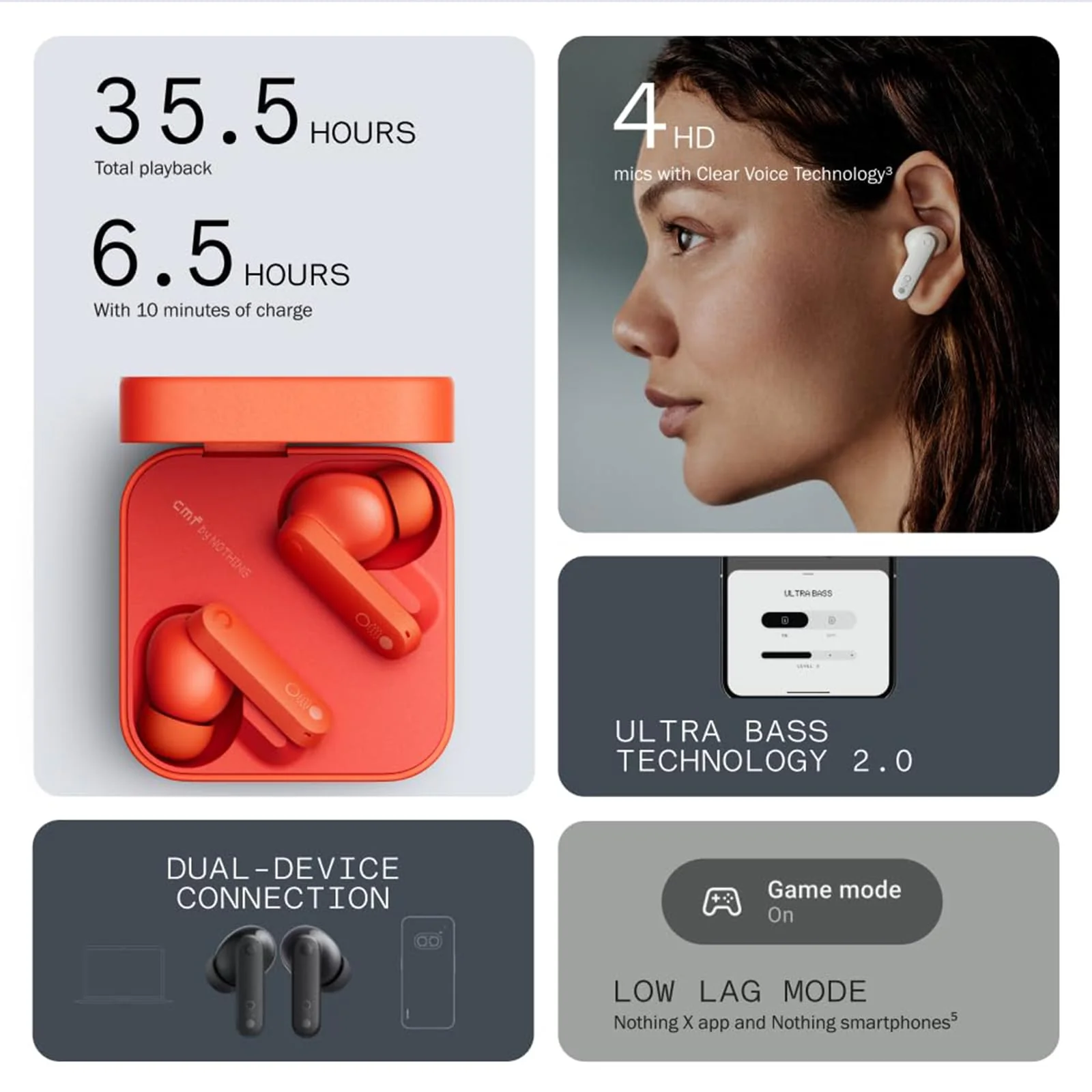 CMF Buds Wireless bluetooth Earbuds, 42dB noise cancelling earbuds,Dirac HD Audio, 35.5H Playtime, BT5.3, IP54 Waterproof, 4HD Mics wireless headphones for iPhone & Android (Light Grey) Light Grey - Image 3