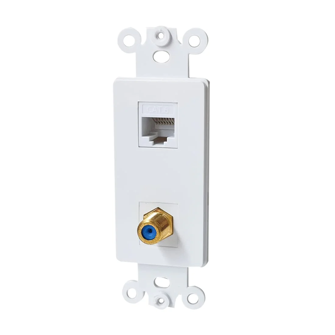 Coax CAT6 Wall Plate Insert - Ethernet Coaxial Decora Wall Jack Insert Cover Plate Female to Female for Midsize/Oversize Wallplate - White CAT6+F