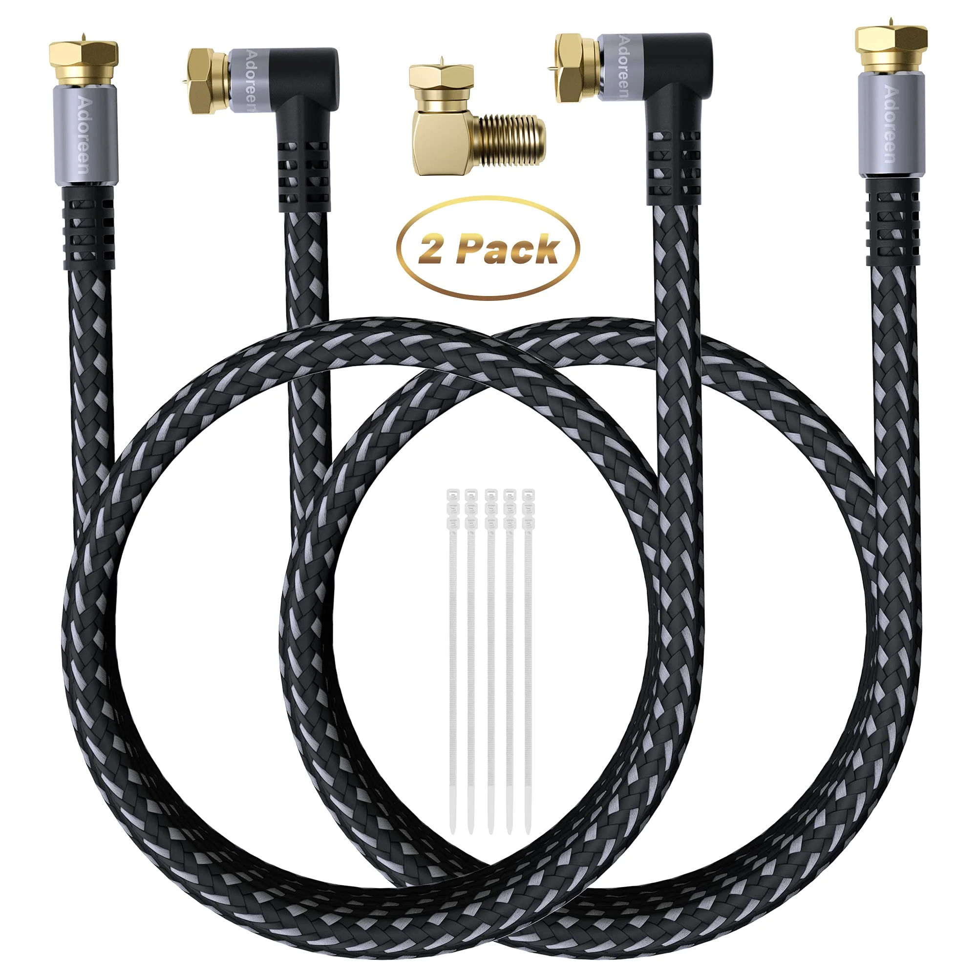 Coaxial Cable 1.5 ft-2 Pack-Right Angle Quad Shielded 90 Degree RG6 Coax Cable Cord, Male F Gold-Plated Nylon-Braided, in-Wall, Digital TV Aerial AV with Angled Male to Female Adapter+15 Ties 1.5ft-2PK Angled to Straight - Image 7