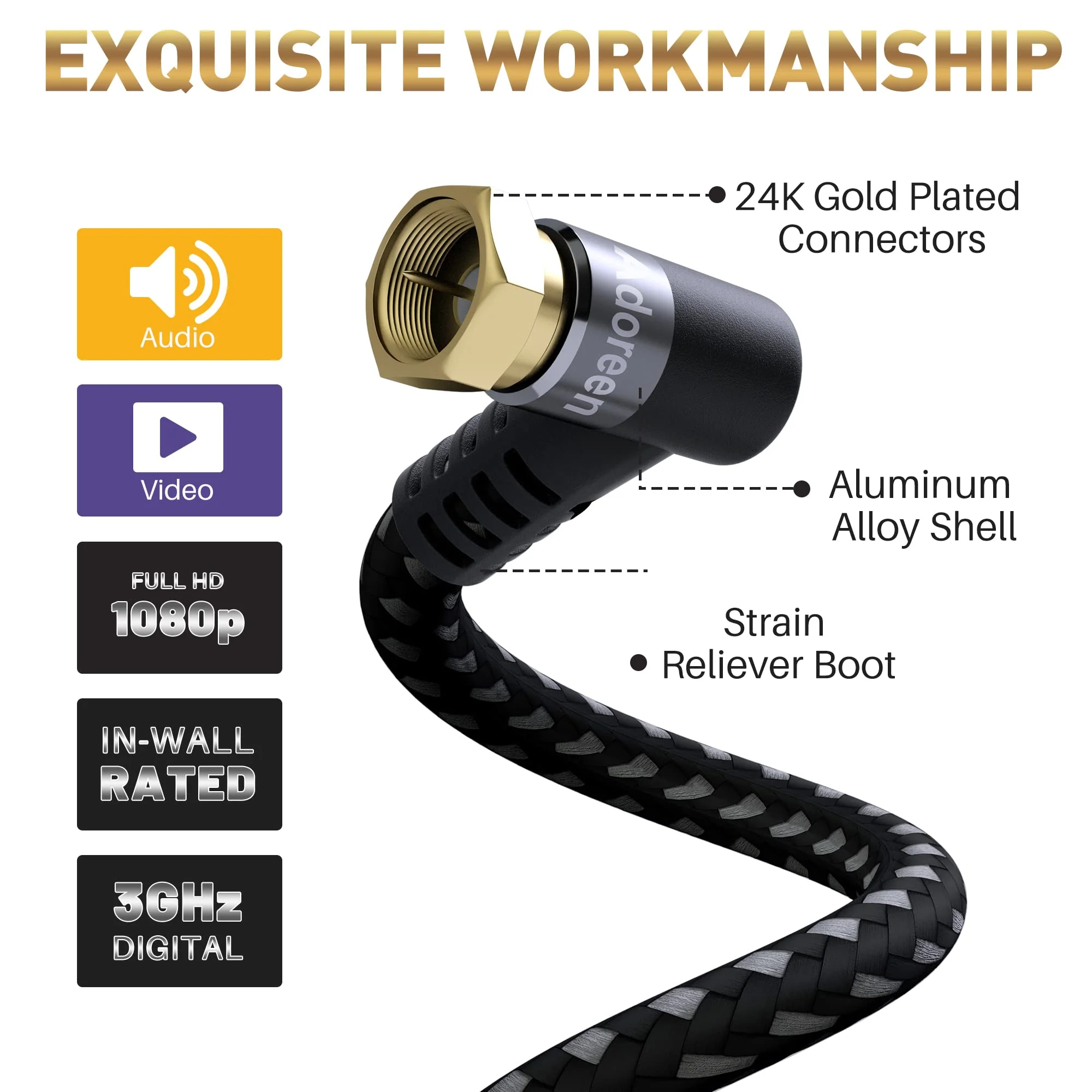 Coaxial Cable 3 ft-2 Pack-Right Angle Quad Shielded 90 Degree RG6 Coax Cable Cord, Male F Gold-Plated Nylon-Braided, in-Wall, Digital TV Aerial AV with Angled Male to Female Adapter+15 Ties 3ft-2PK Angled to Straight - Image 4