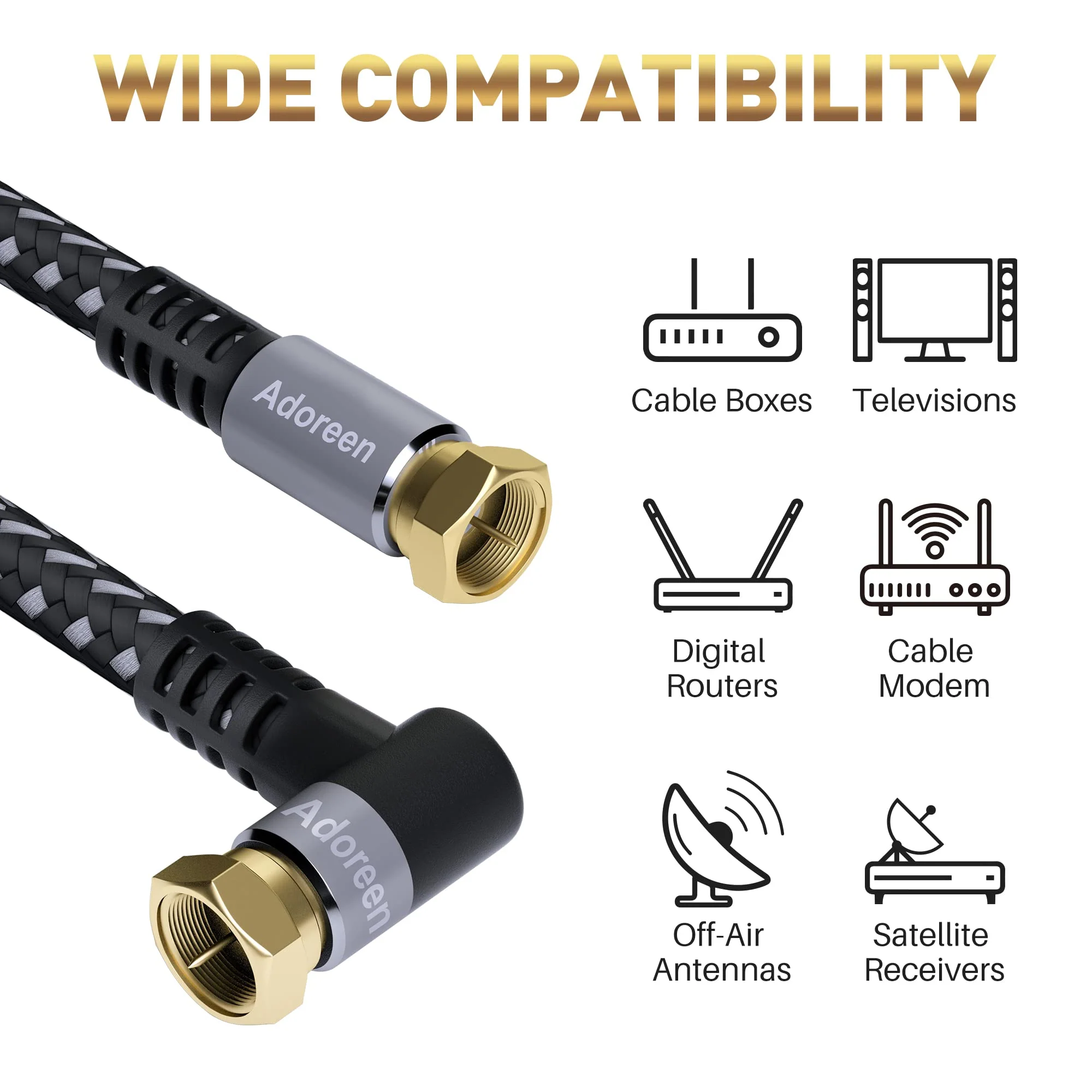 Coaxial Cable 3 ft-2 Pack-Right Angle Quad Shielded 90 Degree RG6 Coax Cable Cord, Male F Gold-Plated Nylon-Braided, in-Wall, Digital TV Aerial AV with Angled Male to Female Adapter+15 Ties 3ft-2PK Angled to Straight - Image 5