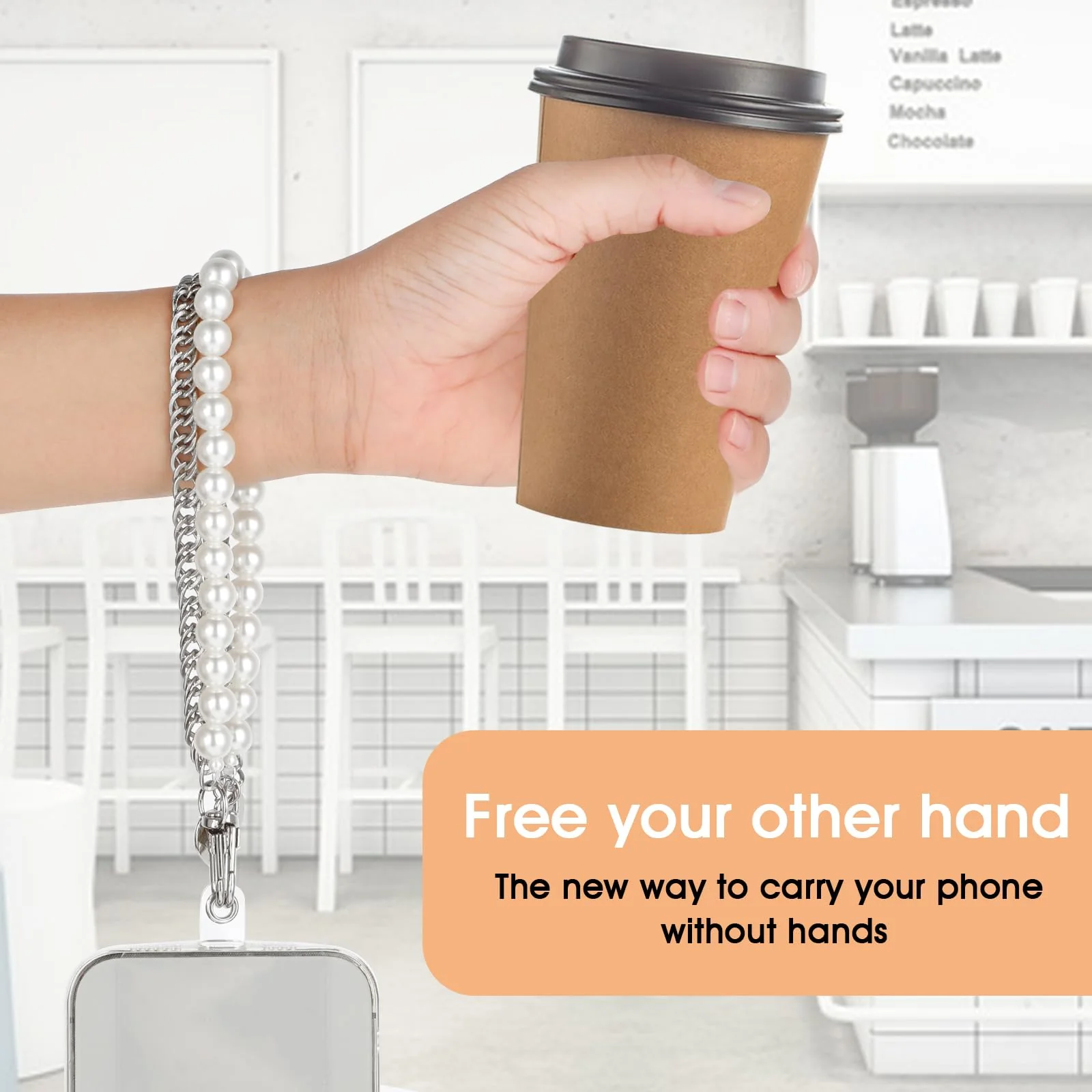 cobee Pearl Beaded Phone Wrist Strap, Anti Lost Stainless Steel Phone Chain Lanyards Double Chains Hand Wrist Straps with 2pcs Tether Tabs for Women Men Mobile Phone Wallet Keychain Camera Earphone - Image 3