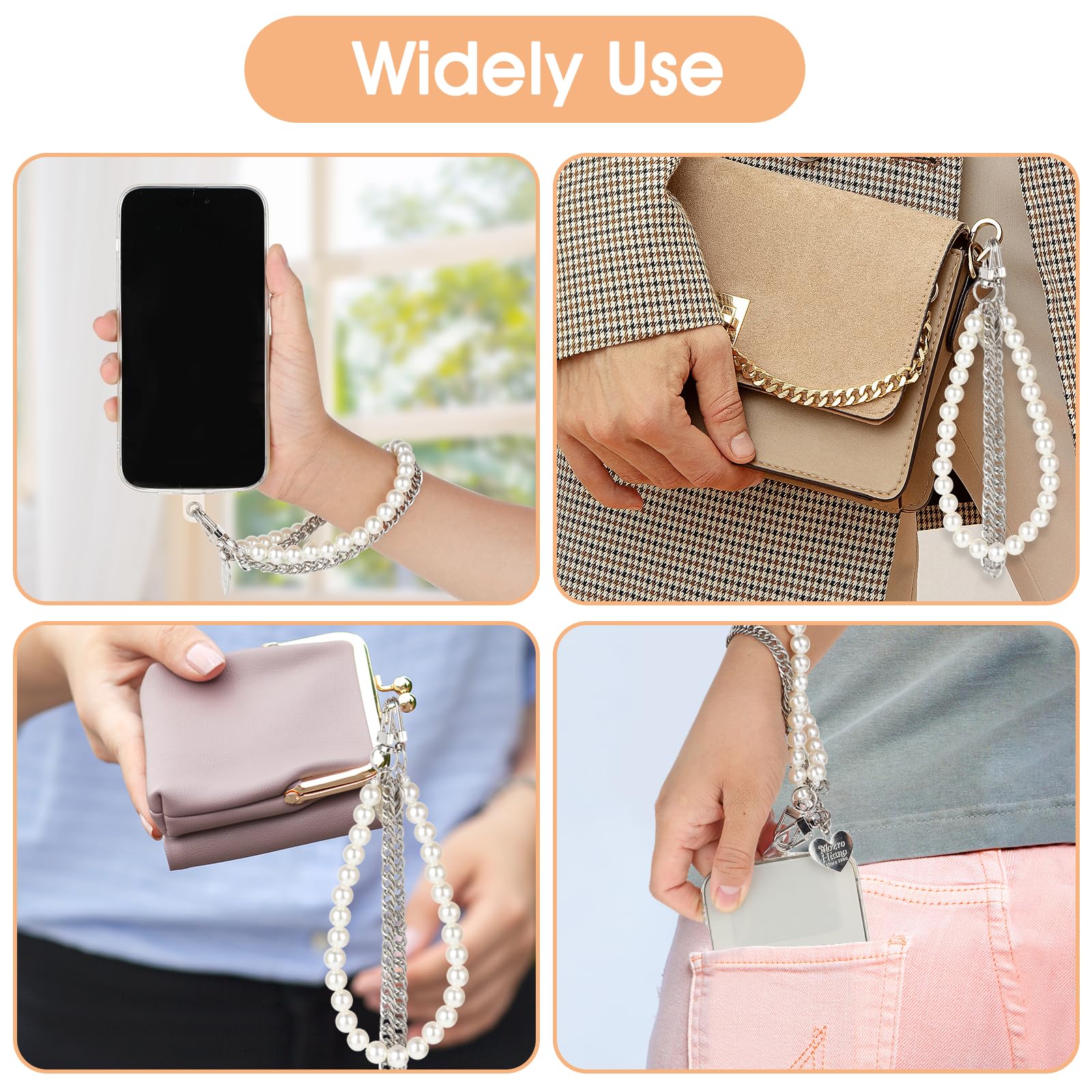 cobee Pearl Beaded Phone Wrist Strap, Anti Lost Stainless Steel Phone Chain Lanyards Double Chains Hand Wrist Straps with 2pcs Tether Tabs for Women Men Mobile Phone Wallet Keychain Camera Earphone - Image 4