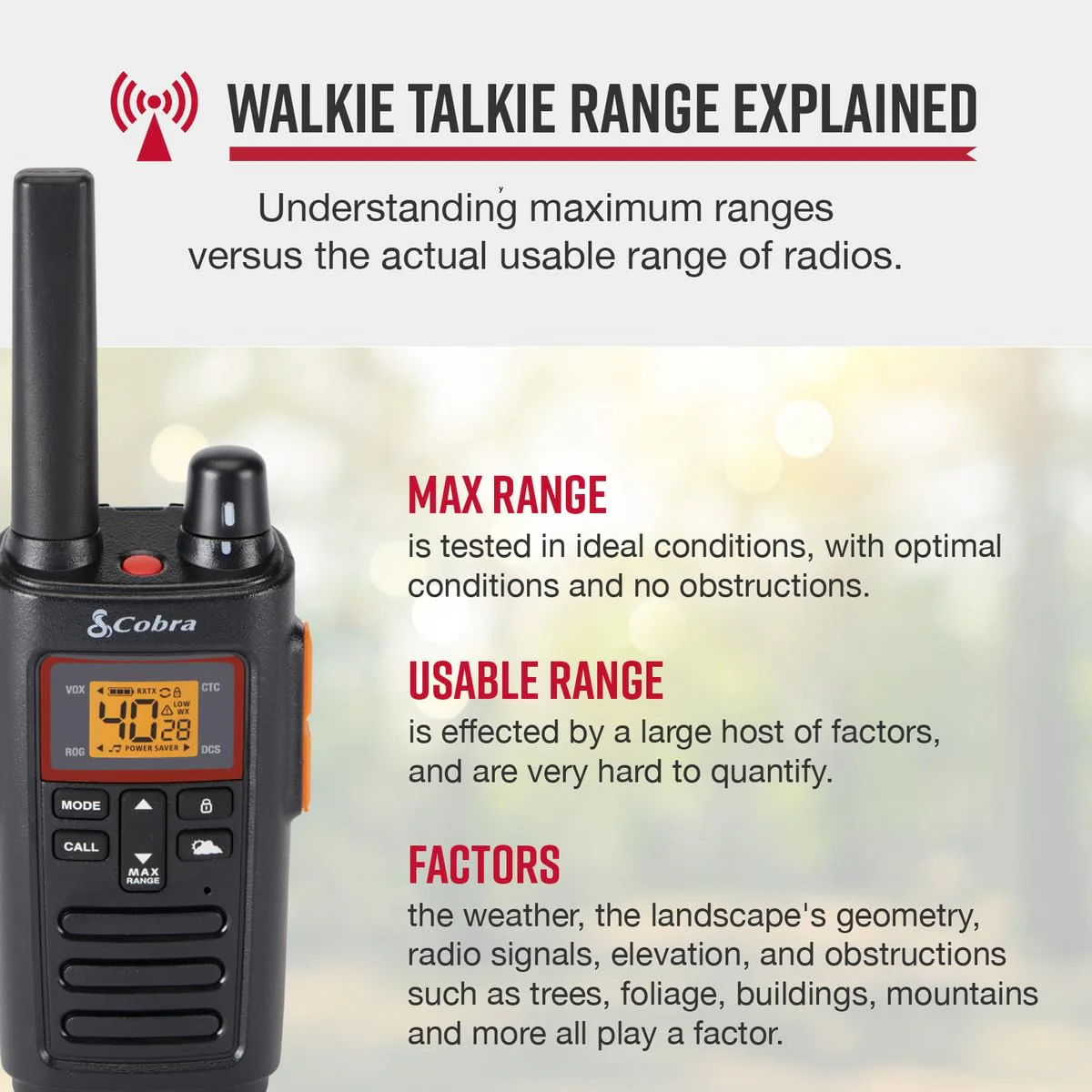 Cobra RX380 Walkie Talkies - Rechargeable, 40 Preset Channels, Long Range 32-Mile Two-Way Radio Set (2-Pack), Black Walkie Talkie - Image 2