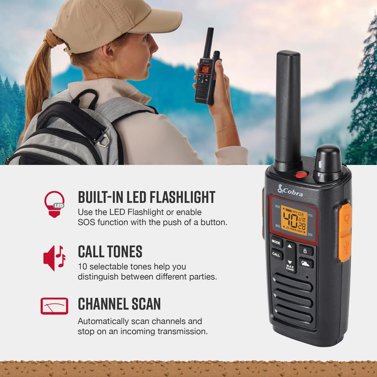 Cobra RX380 Walkie Talkies - Rechargeable, 40 Preset Channels, Long Range 32-Mile Two-Way Radio Set (2-Pack), Black Walkie Talkie - Image 4